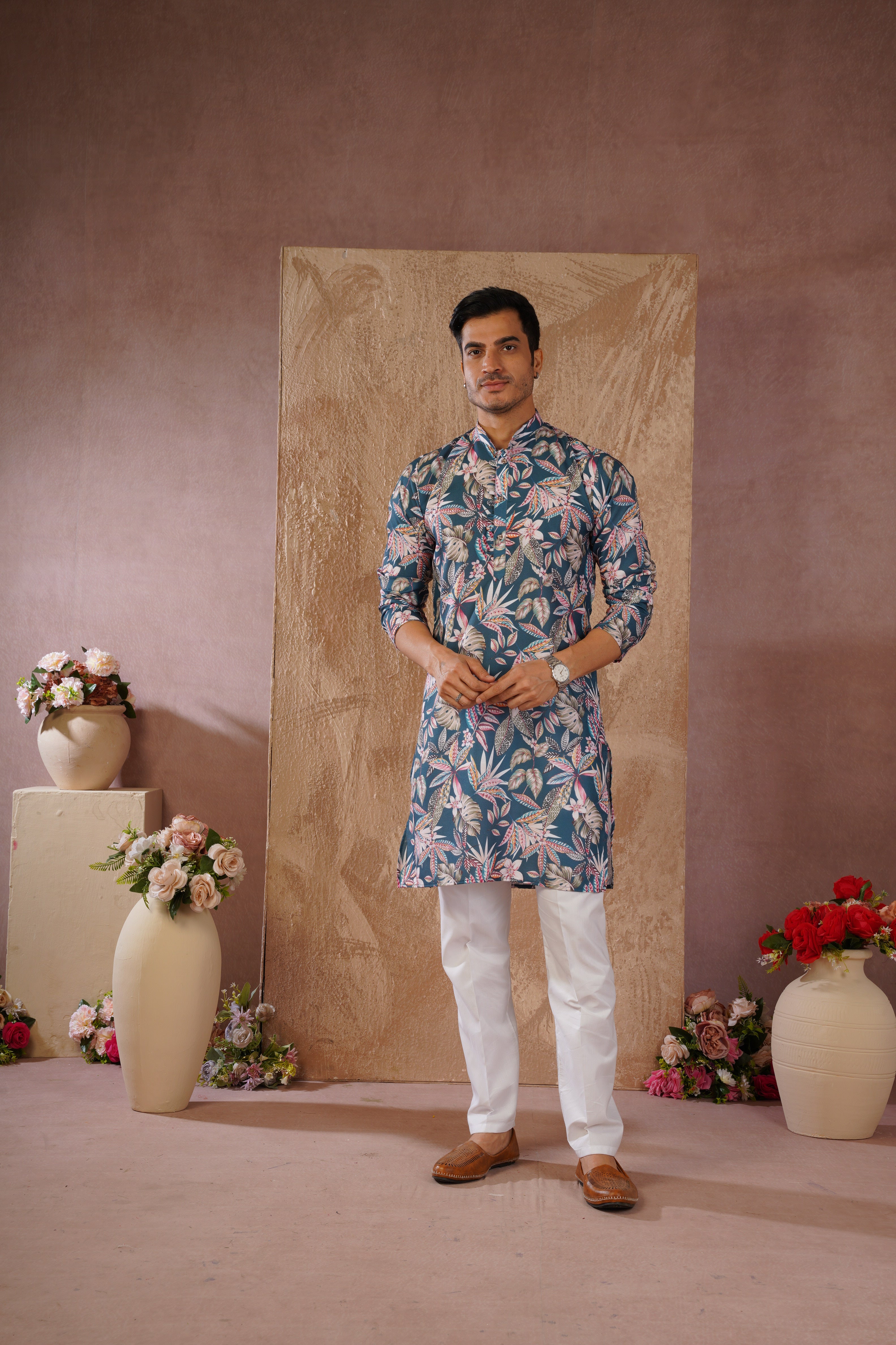 Tropical Printed Green Kurta Set for Men
