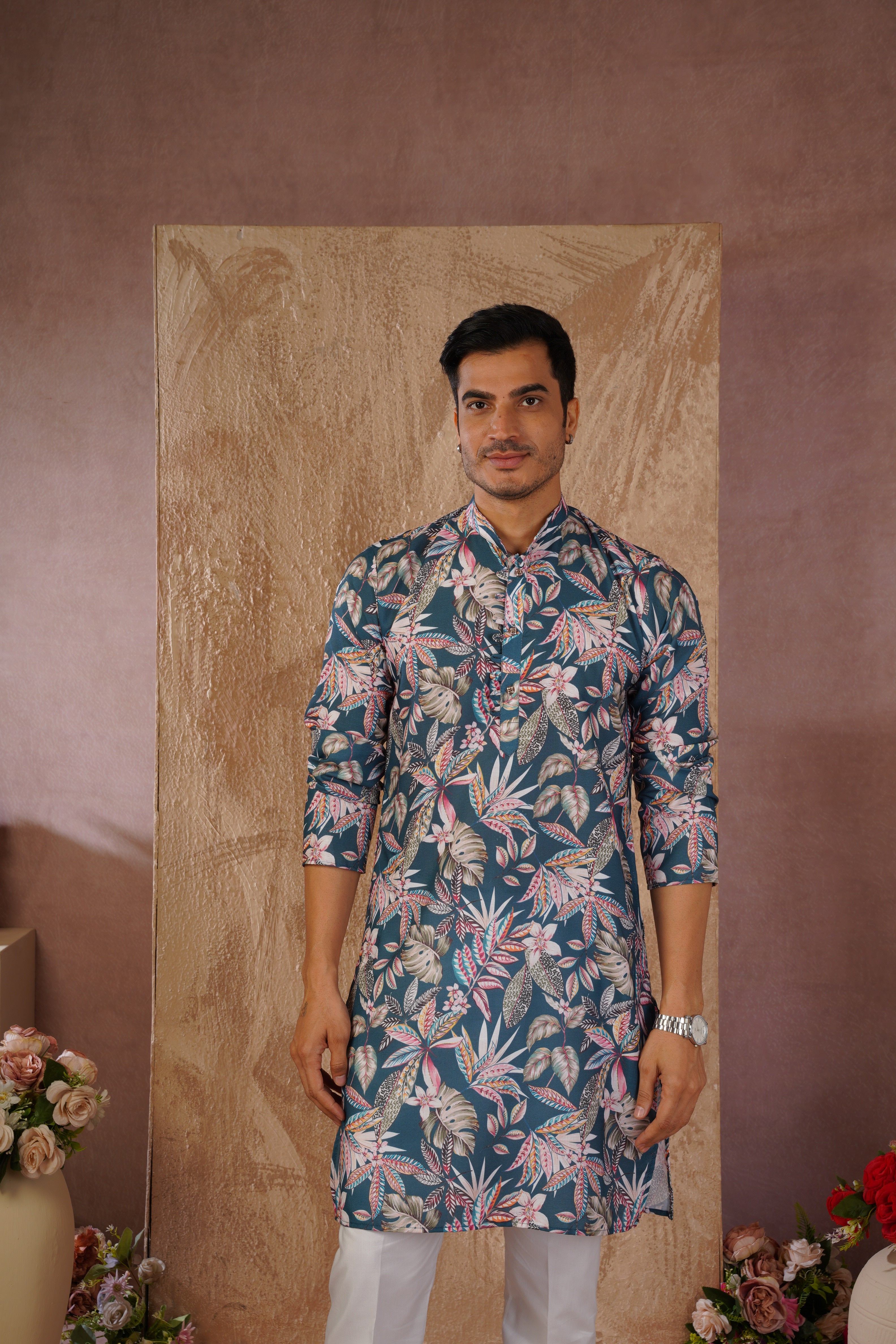Tropical Printed Green Kurta Set for Men