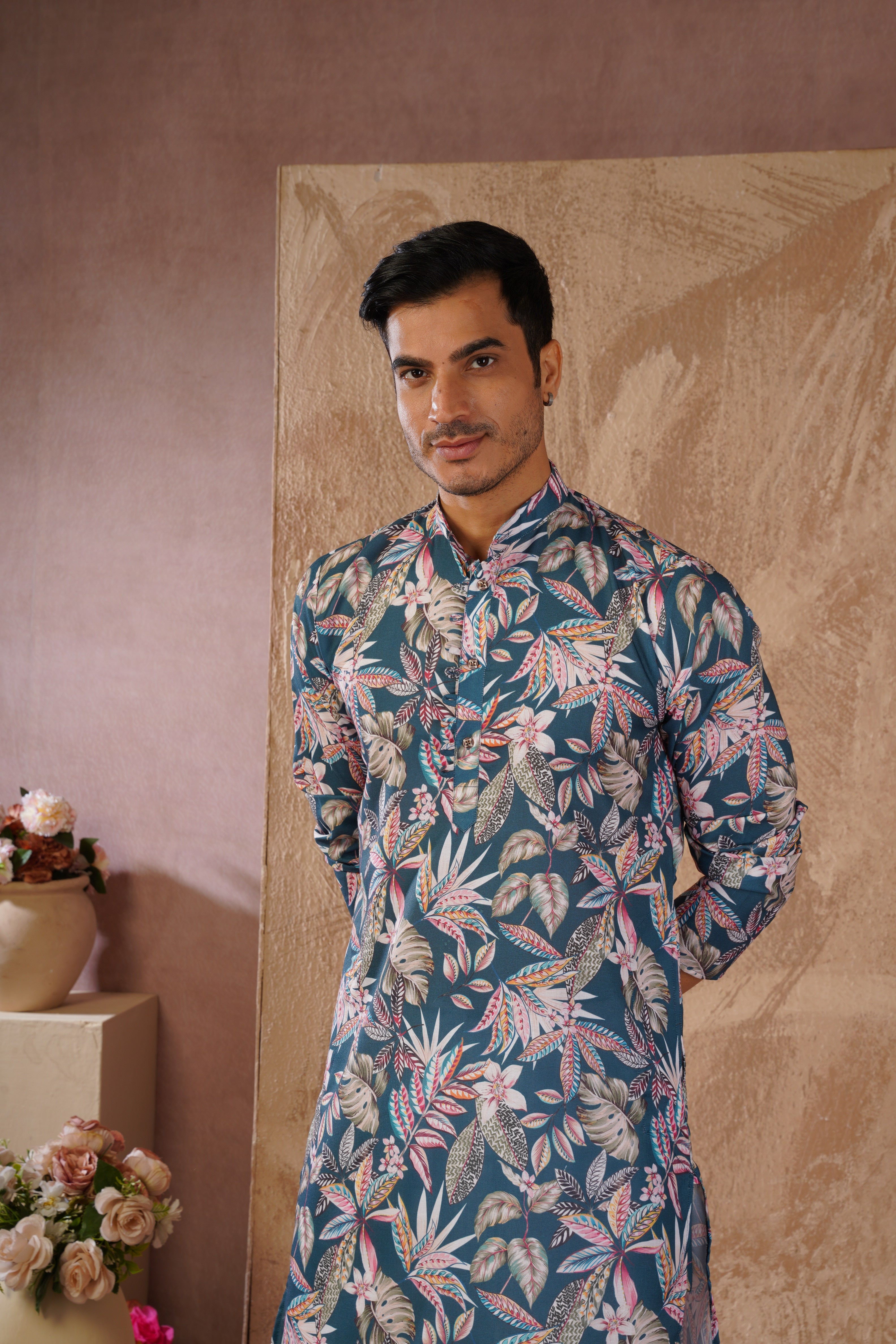 Tropical Printed Green Kurta Set for Men