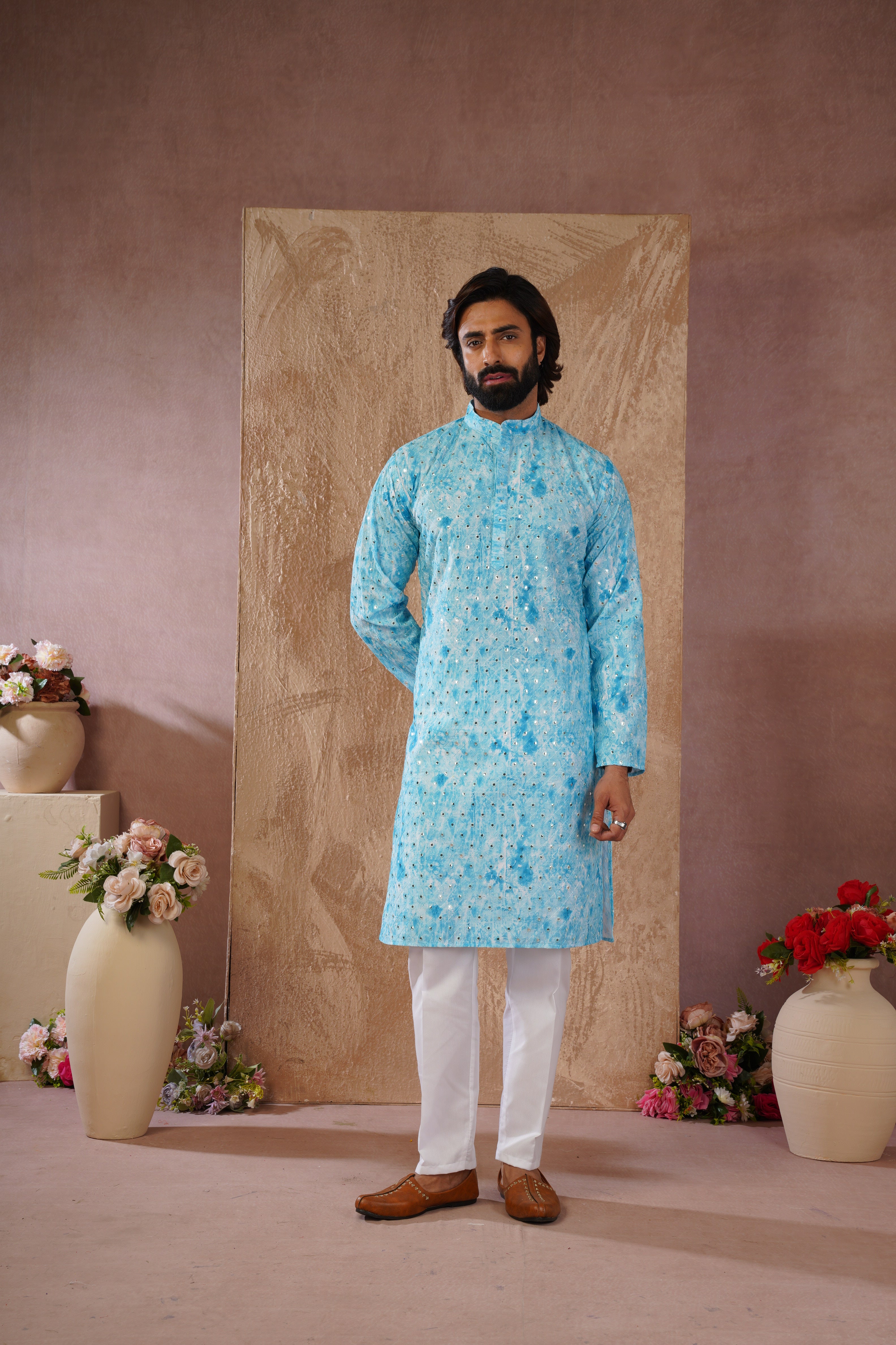 Classic Blue tie-dye kurta set with sequin glow