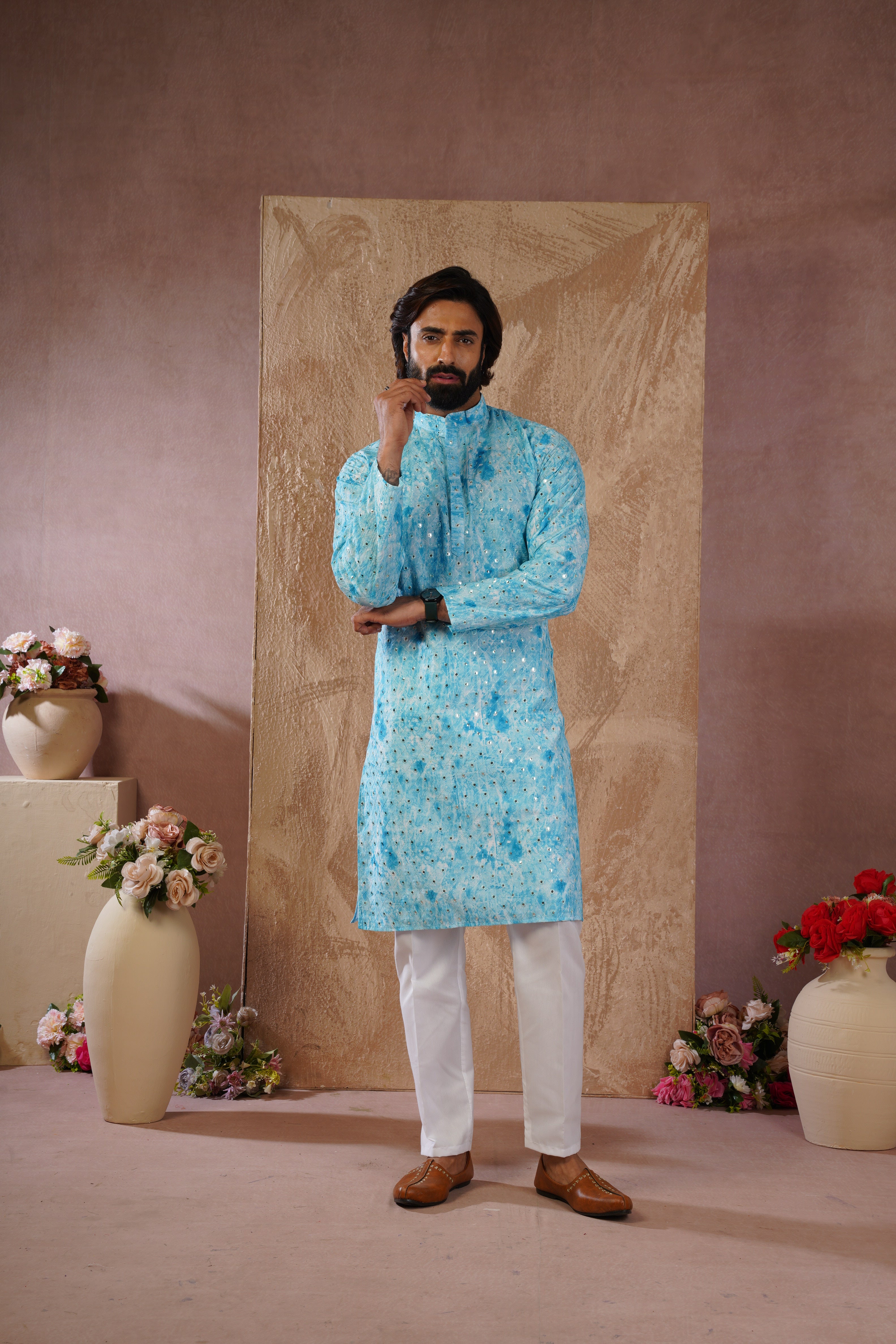 Classic Blue tie-dye kurta set with sequin glow