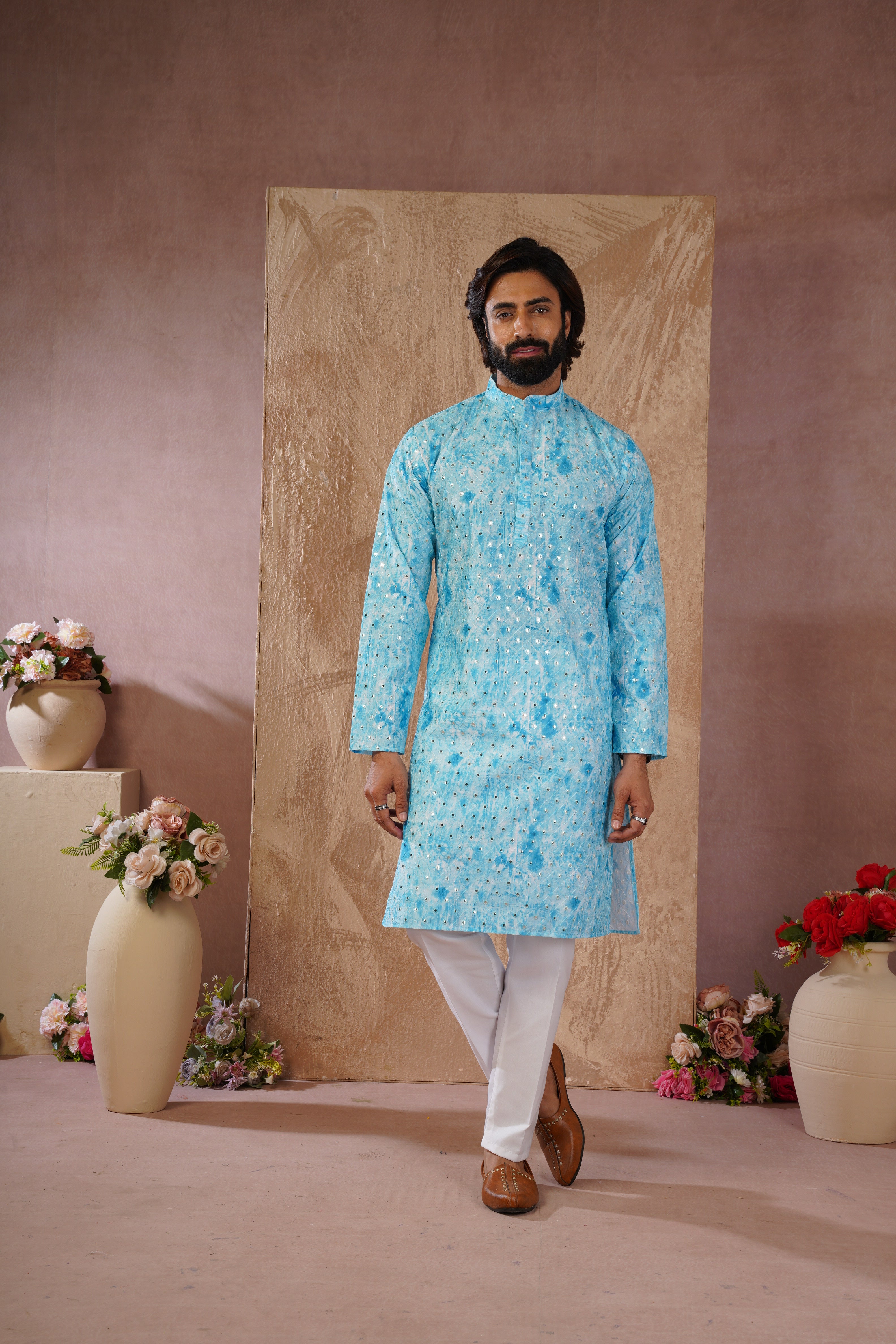 Classic Blue tie-dye kurta set with sequin glow