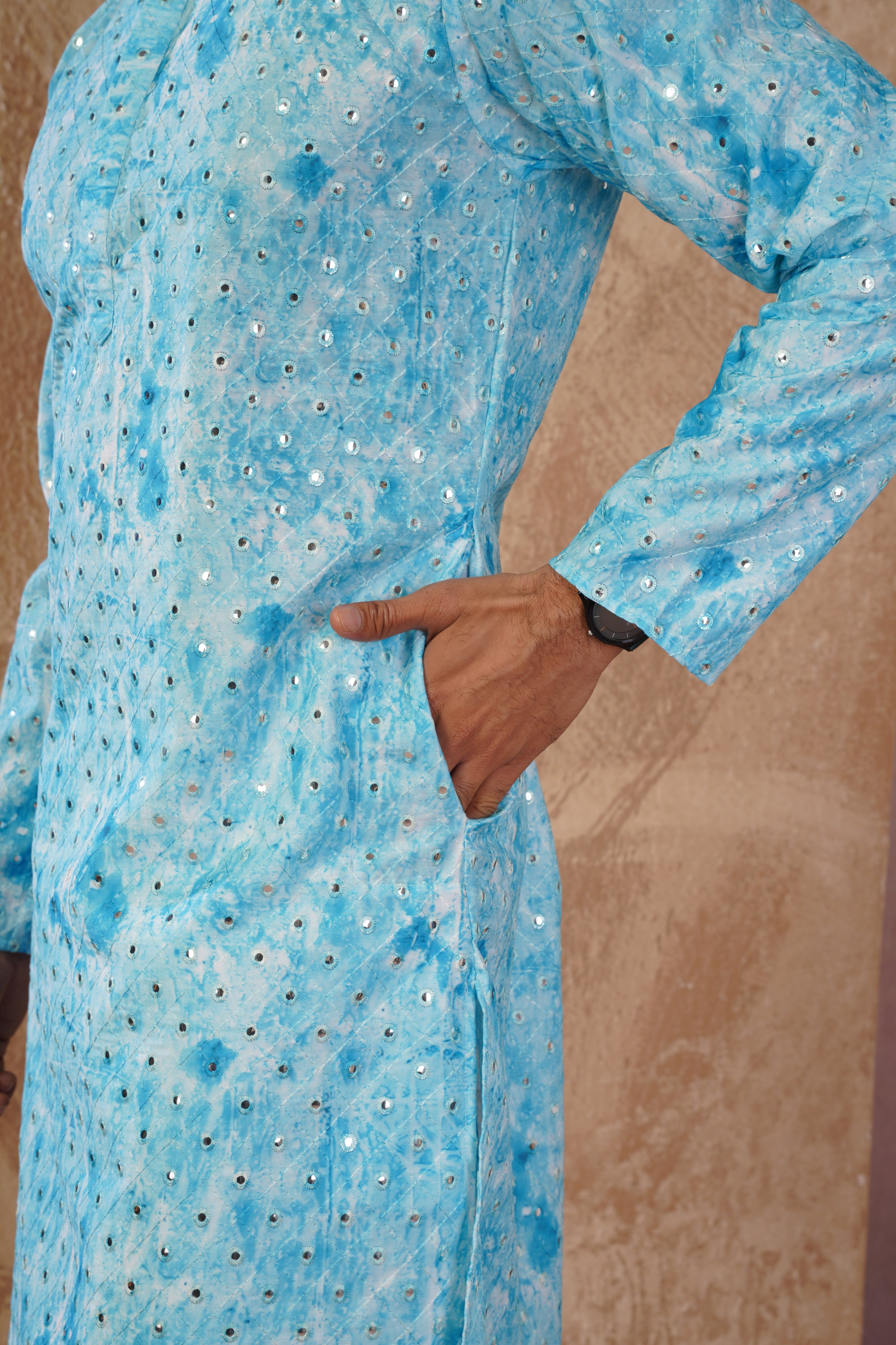 Classic Blue tie-dye kurta set with sequin glow