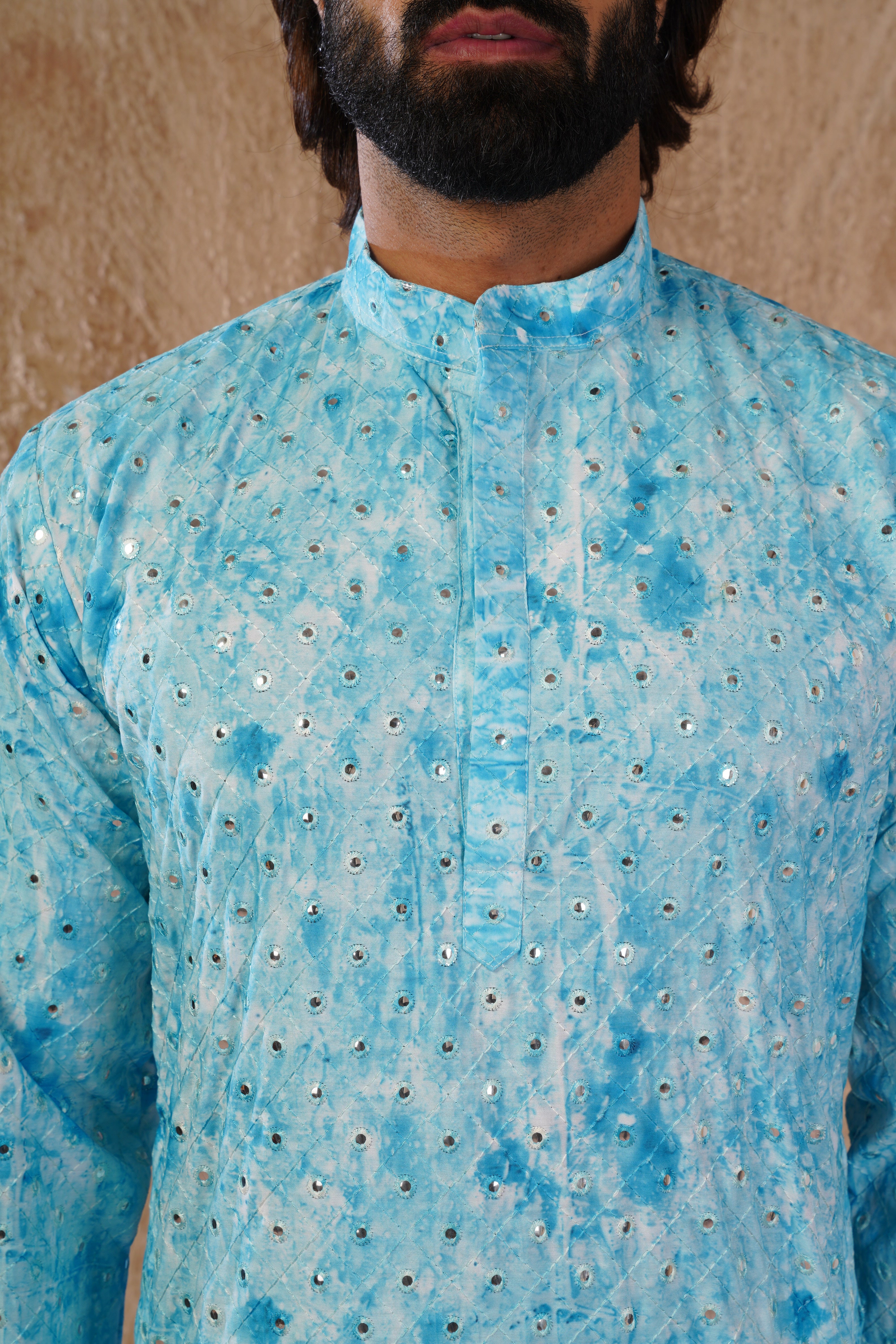 Classic Blue tie-dye kurta set with sequin glow