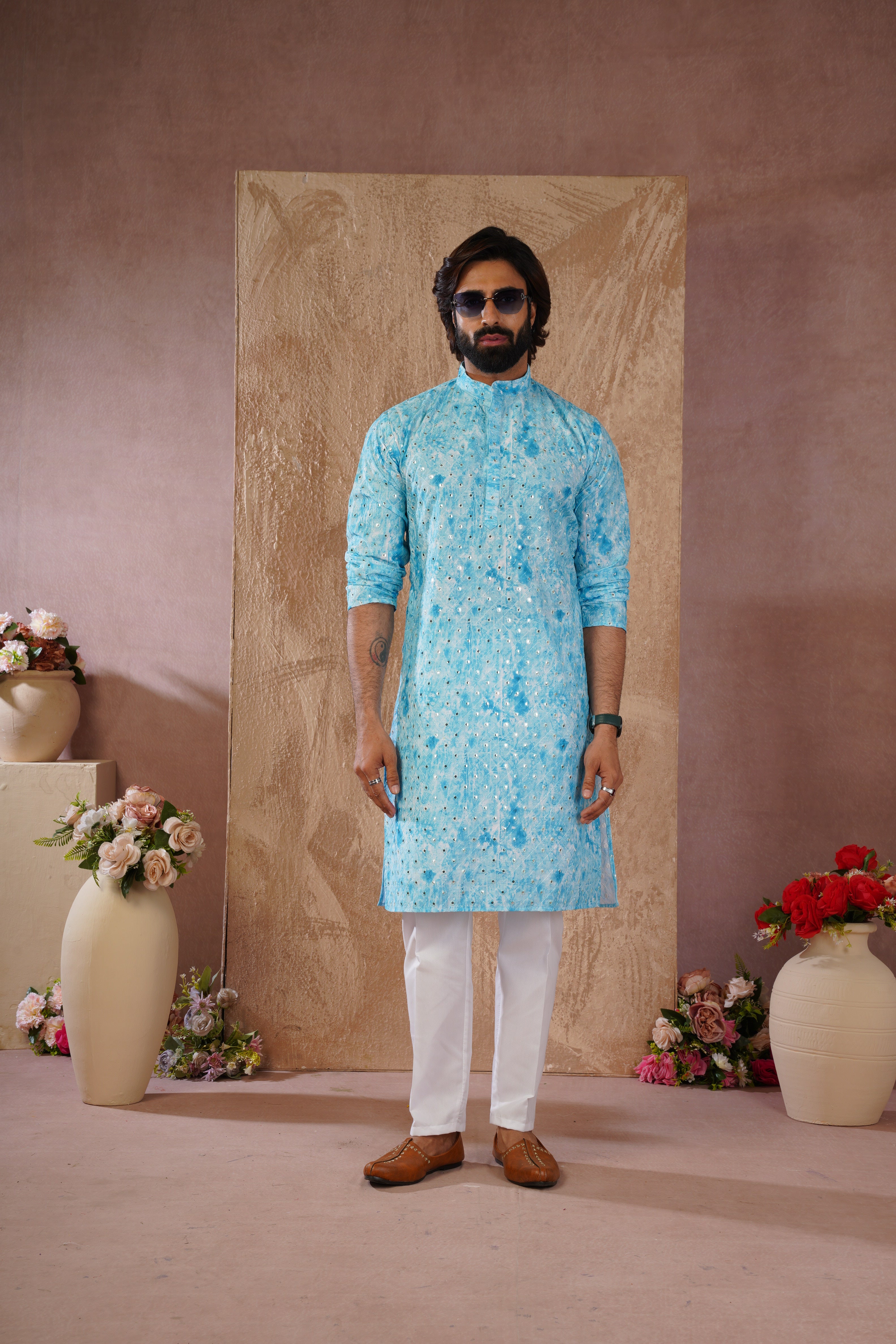 Classic Blue tie-dye kurta set with sequin glow