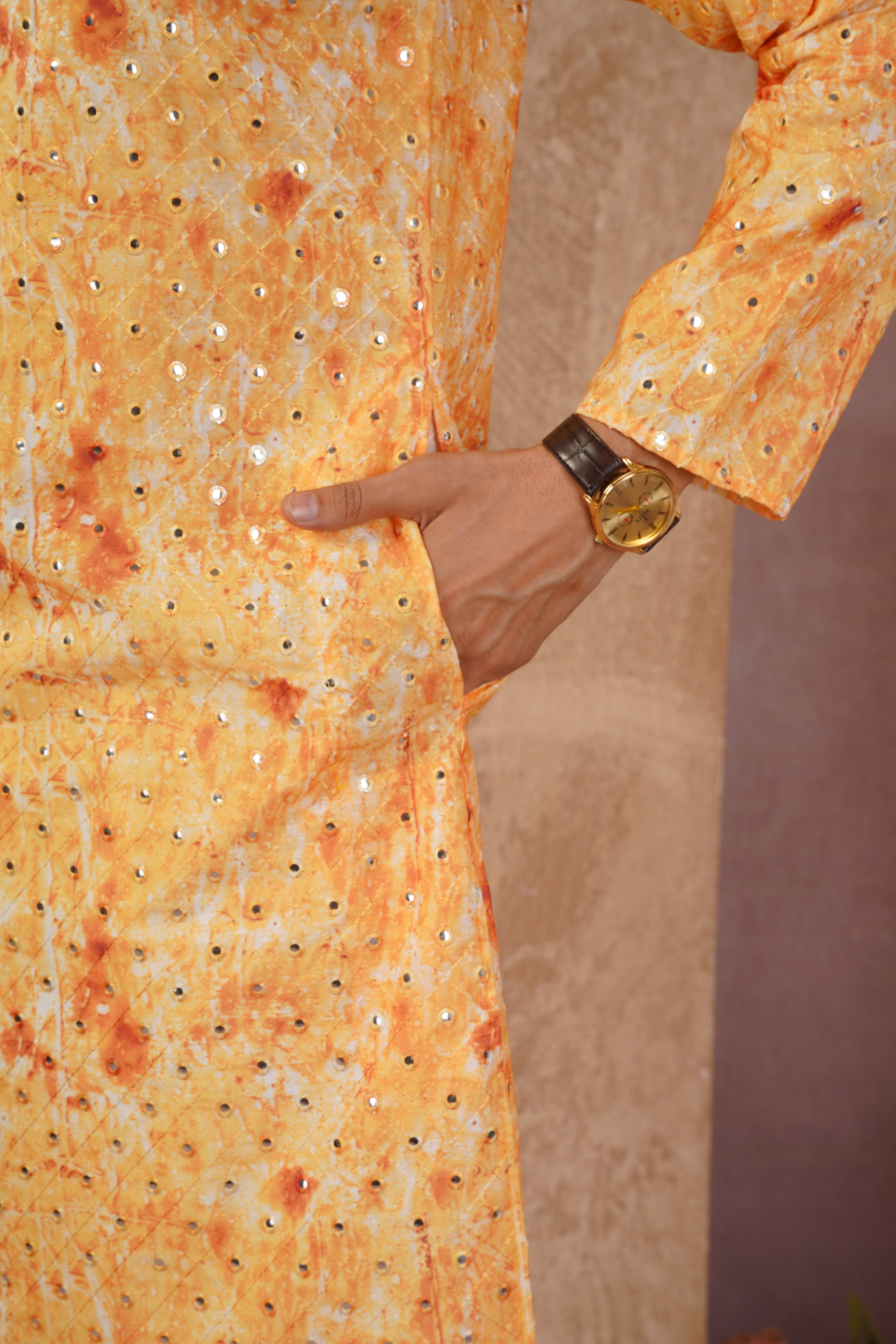 Classic Yellow tie-dye kurta set with sequin glow