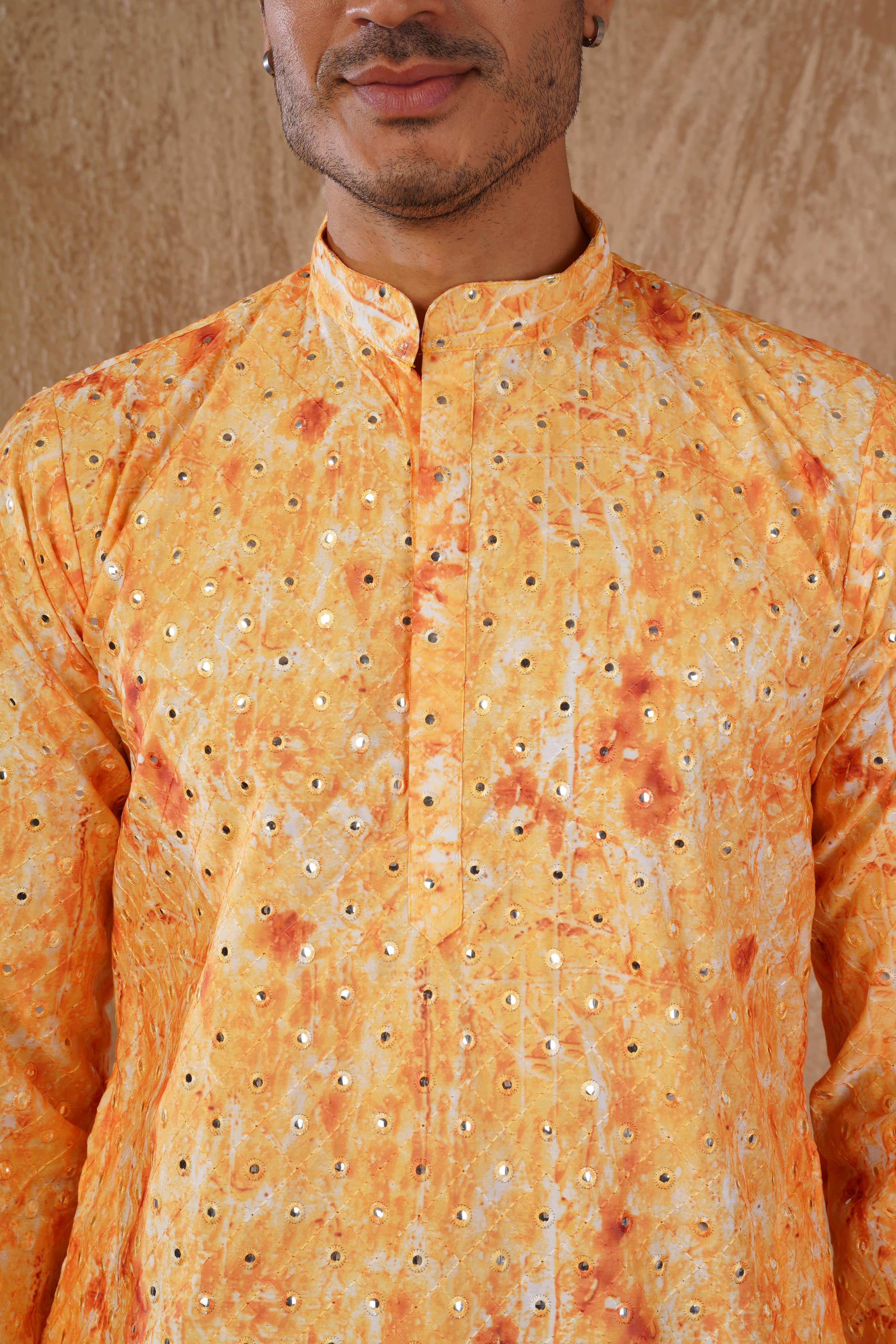 Classic Yellow tie-dye kurta set with sequin glow