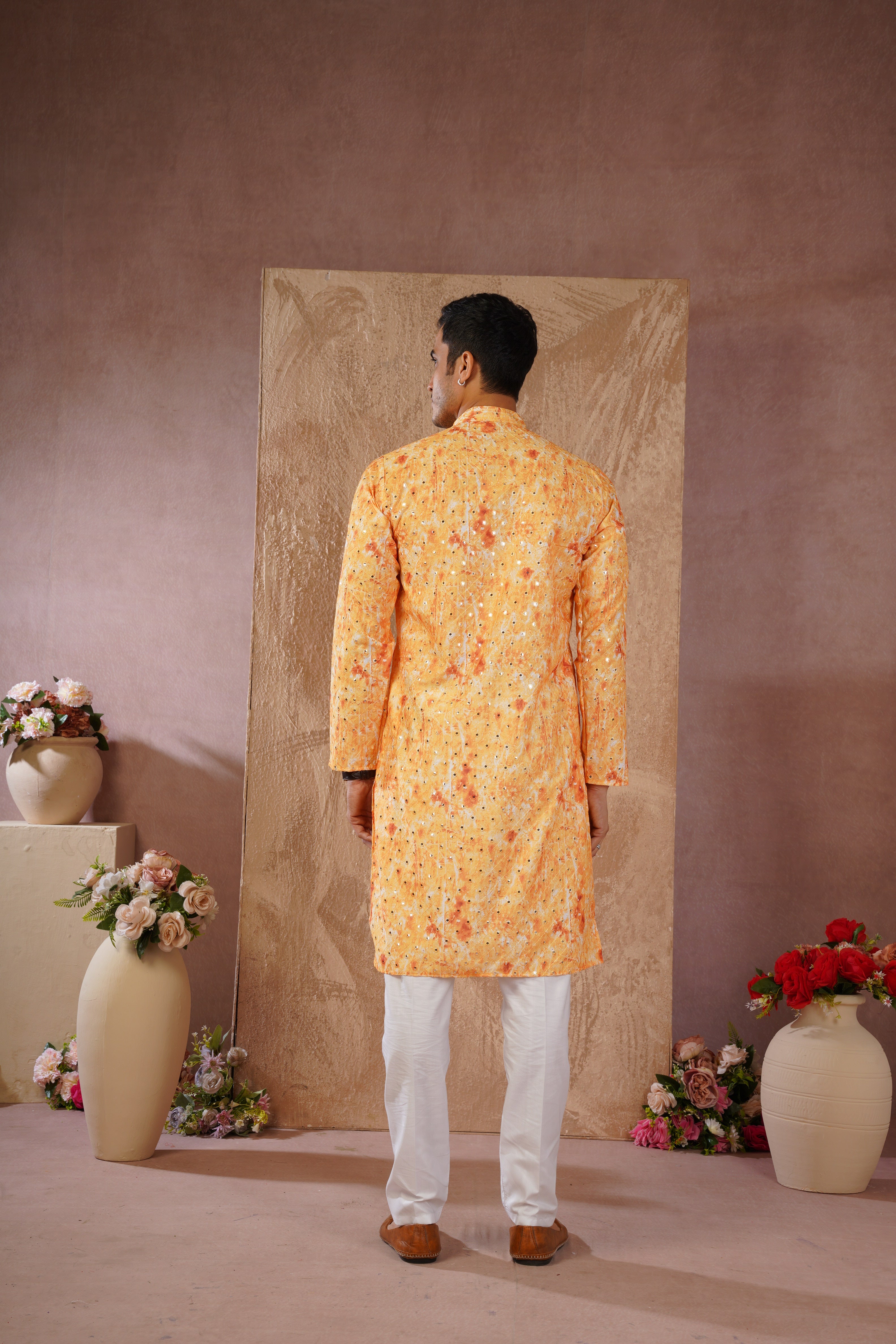 Classic Yellow tie-dye kurta set with sequin glow