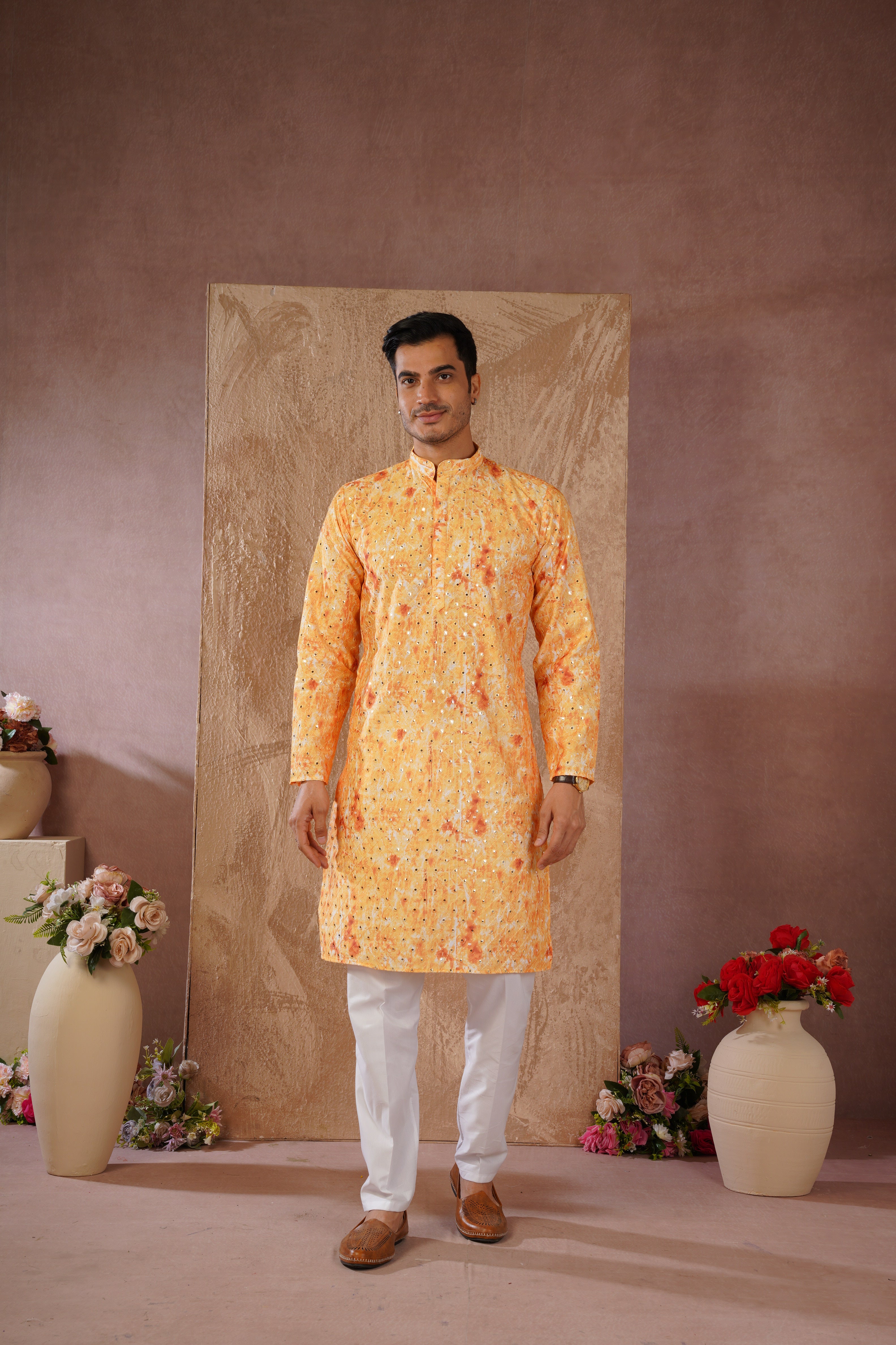 Classic Yellow tie-dye kurta set with sequin glow