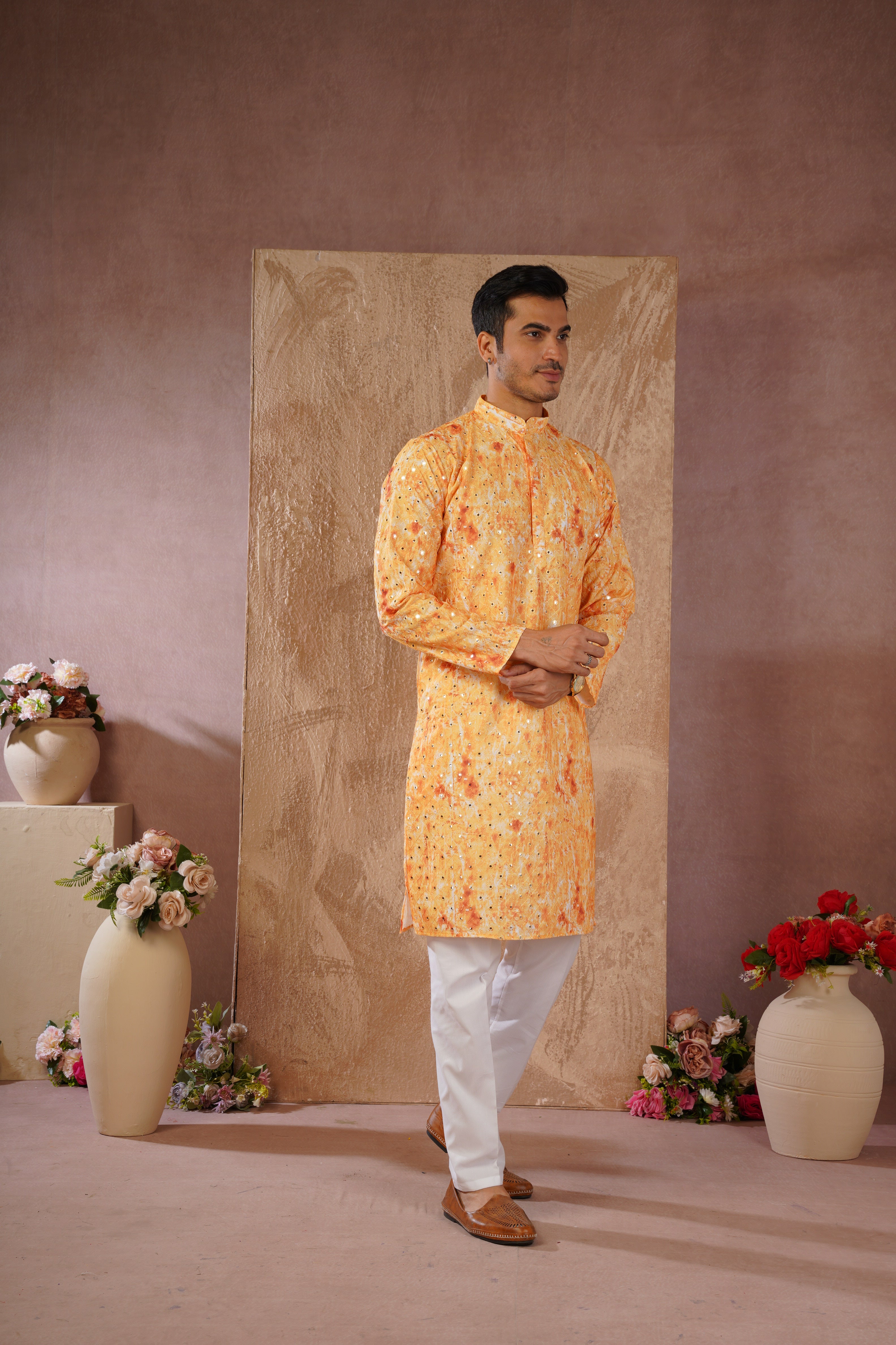 Classic Yellow tie-dye kurta set with sequin glow
