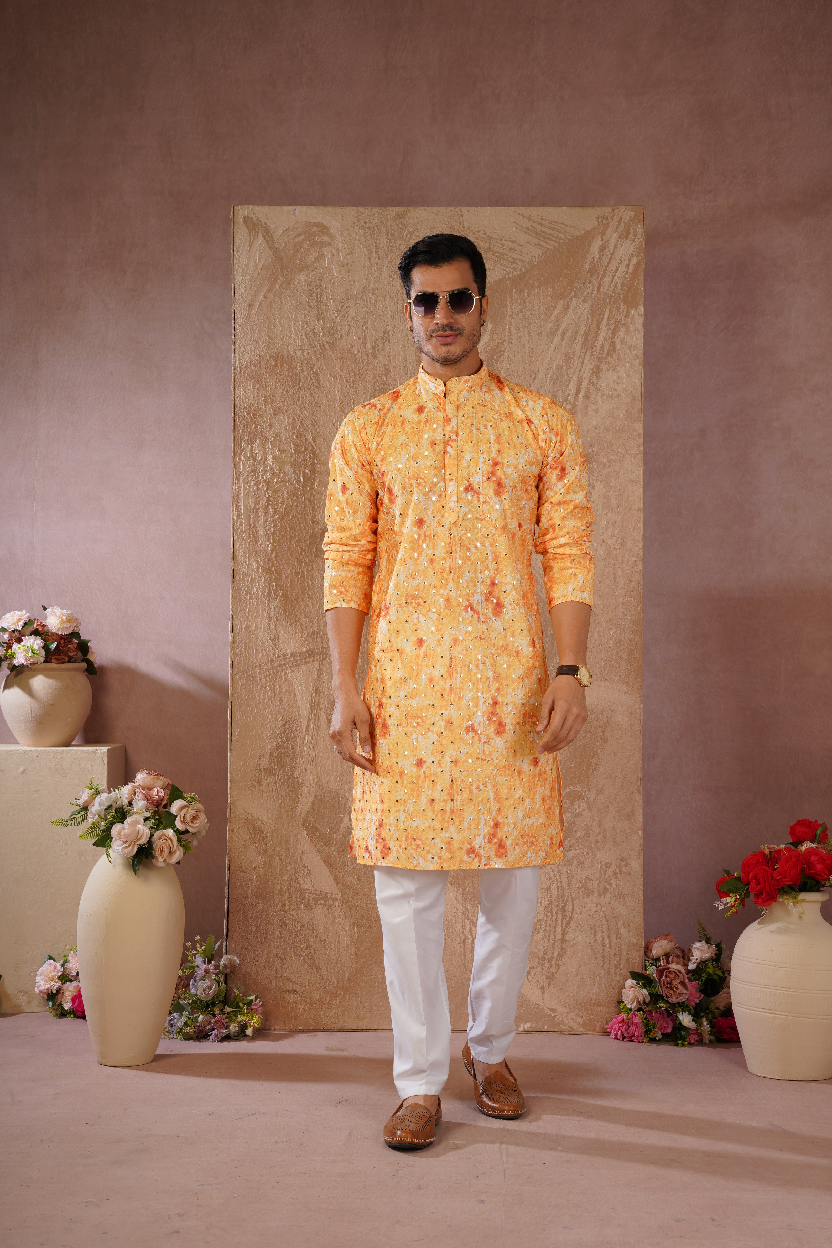 Classic Yellow tie-dye kurta set with sequin glow