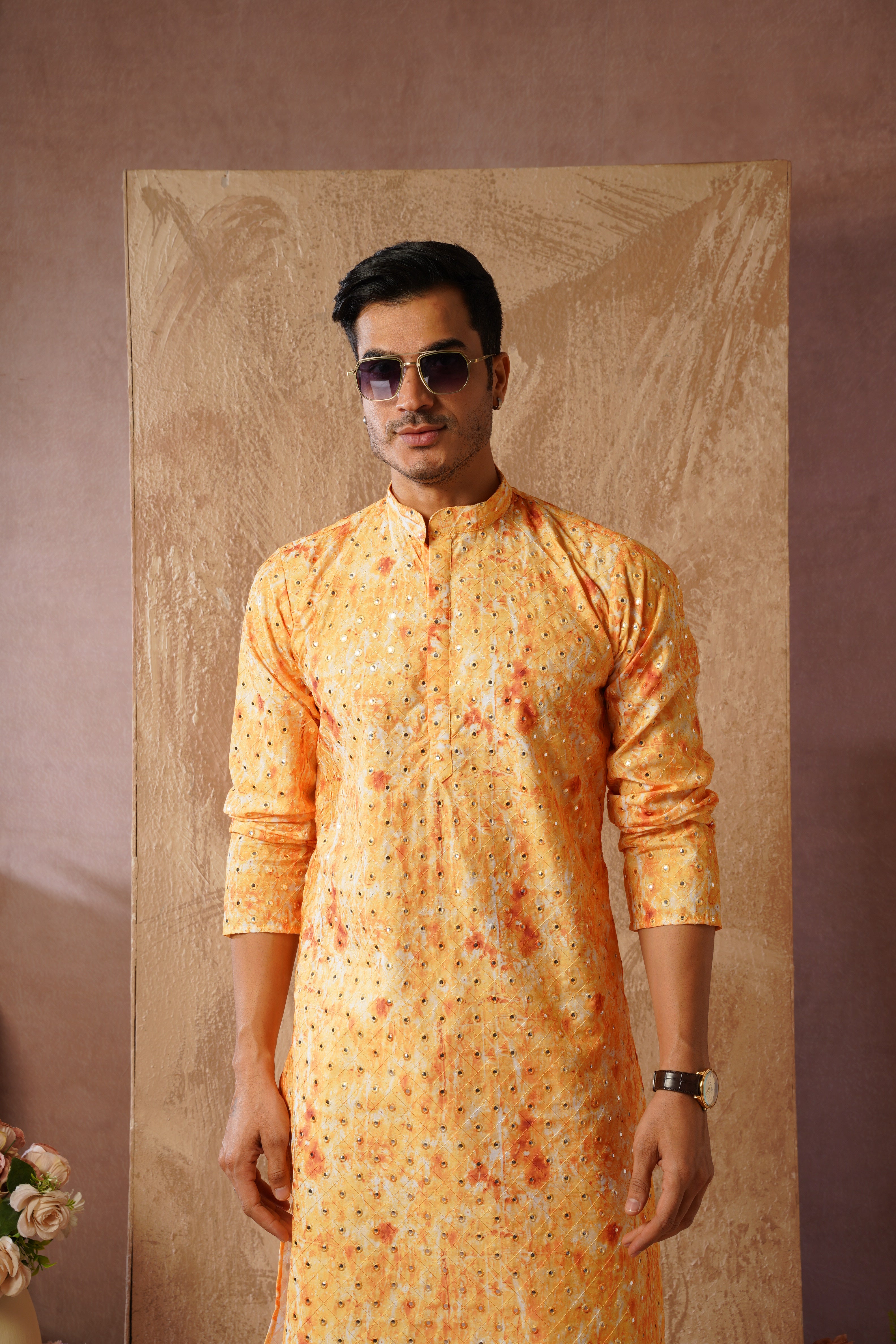 Classic Yellow tie-dye kurta set with sequin glow
