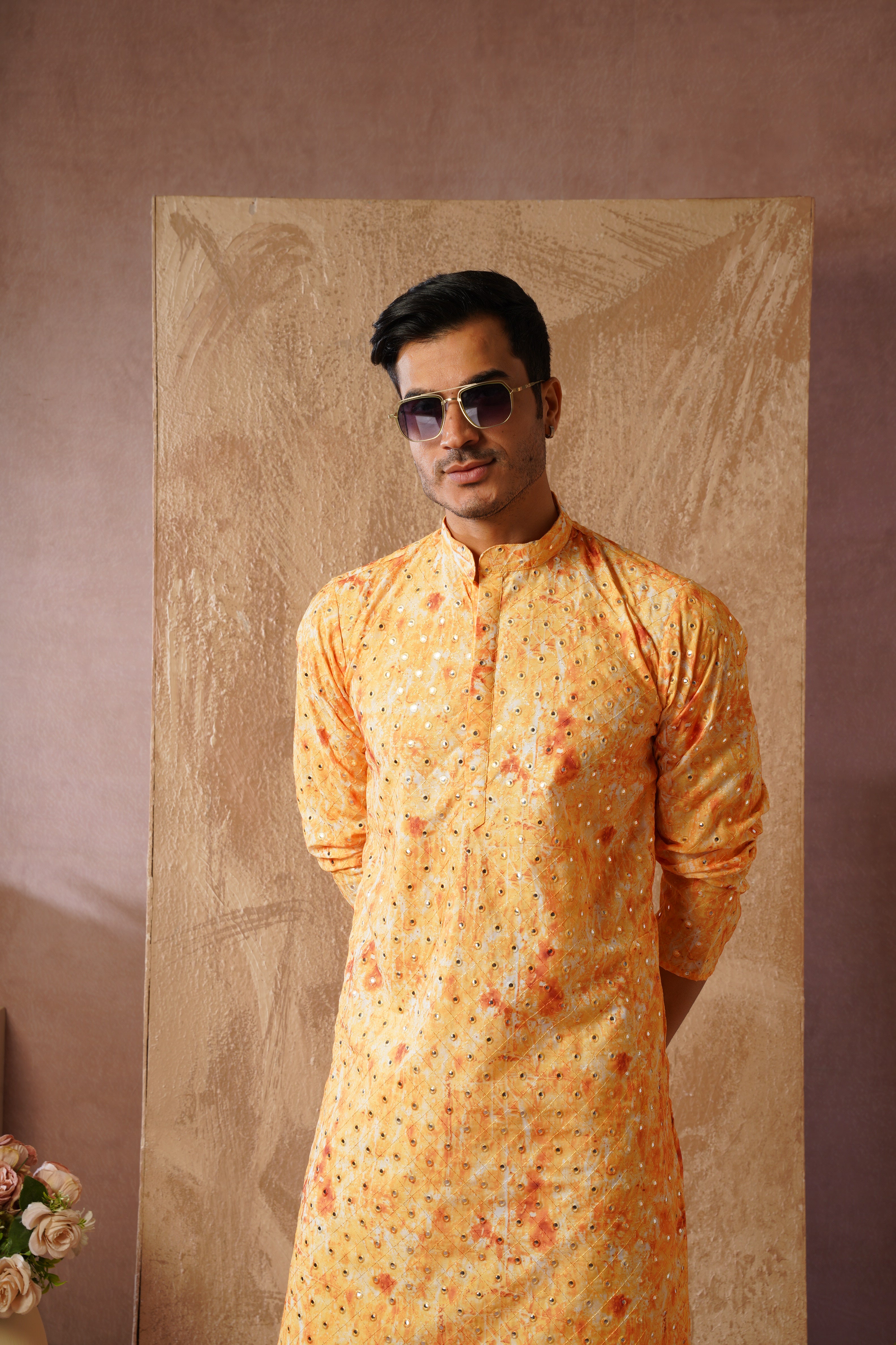 Classic Yellow tie-dye kurta set with sequin glow