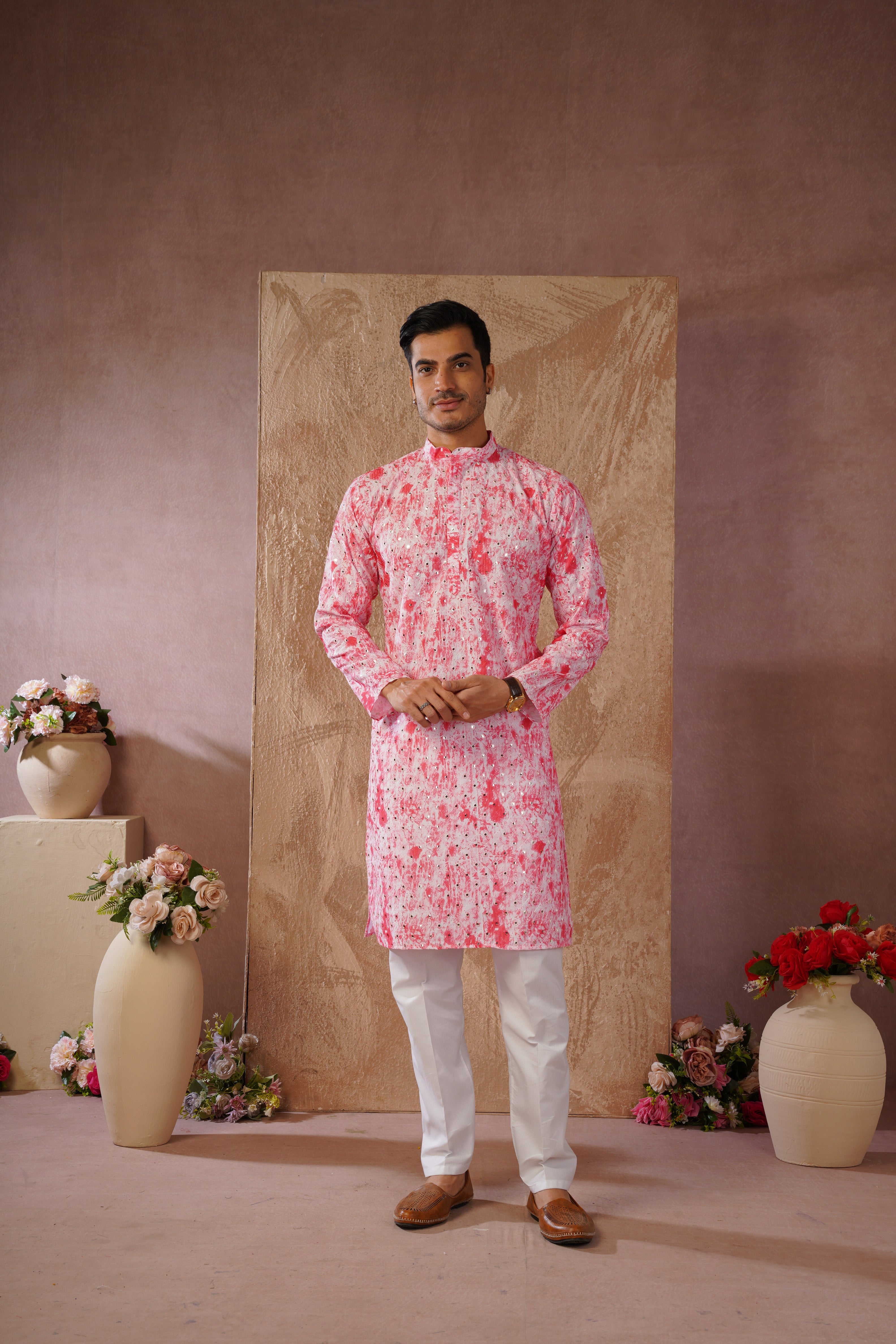 Classic Pink tie-dye kurta set with sequin glow