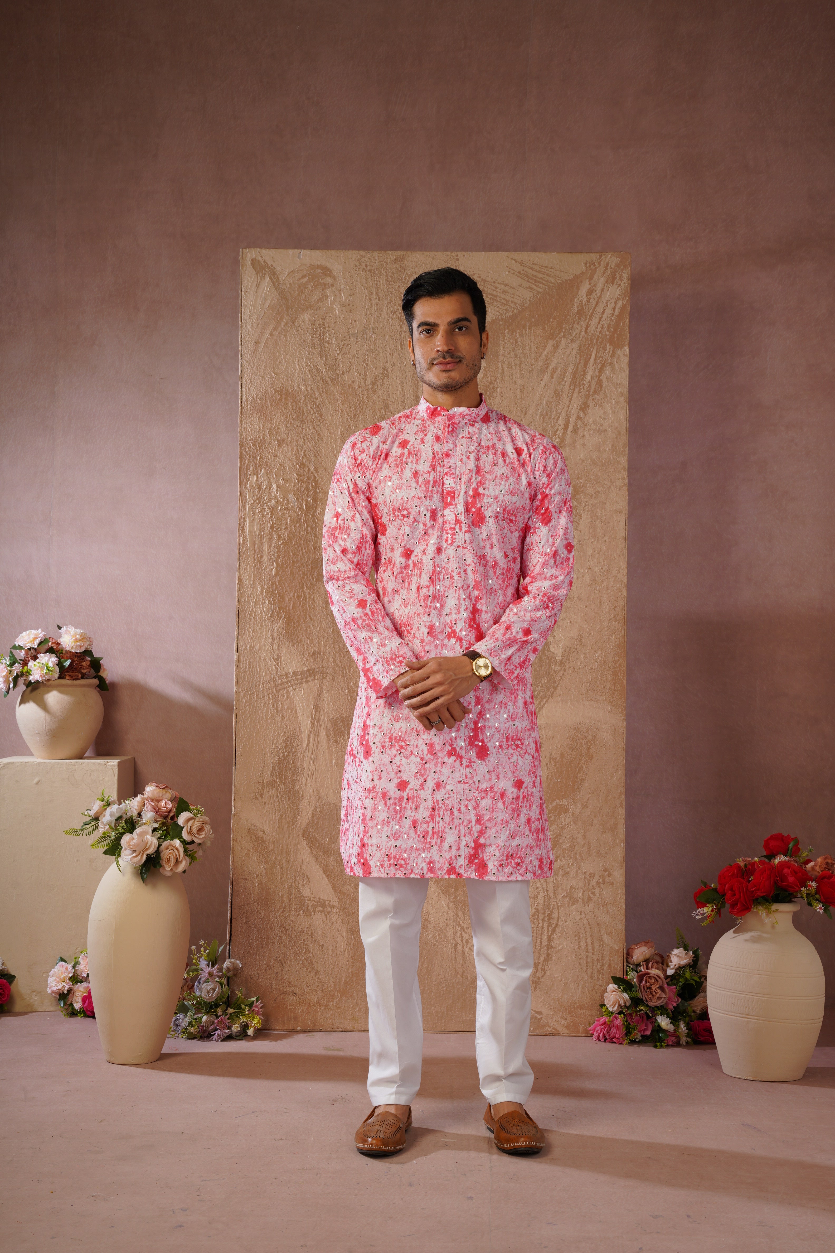 Classic Pink tie-dye kurta set with sequin glow