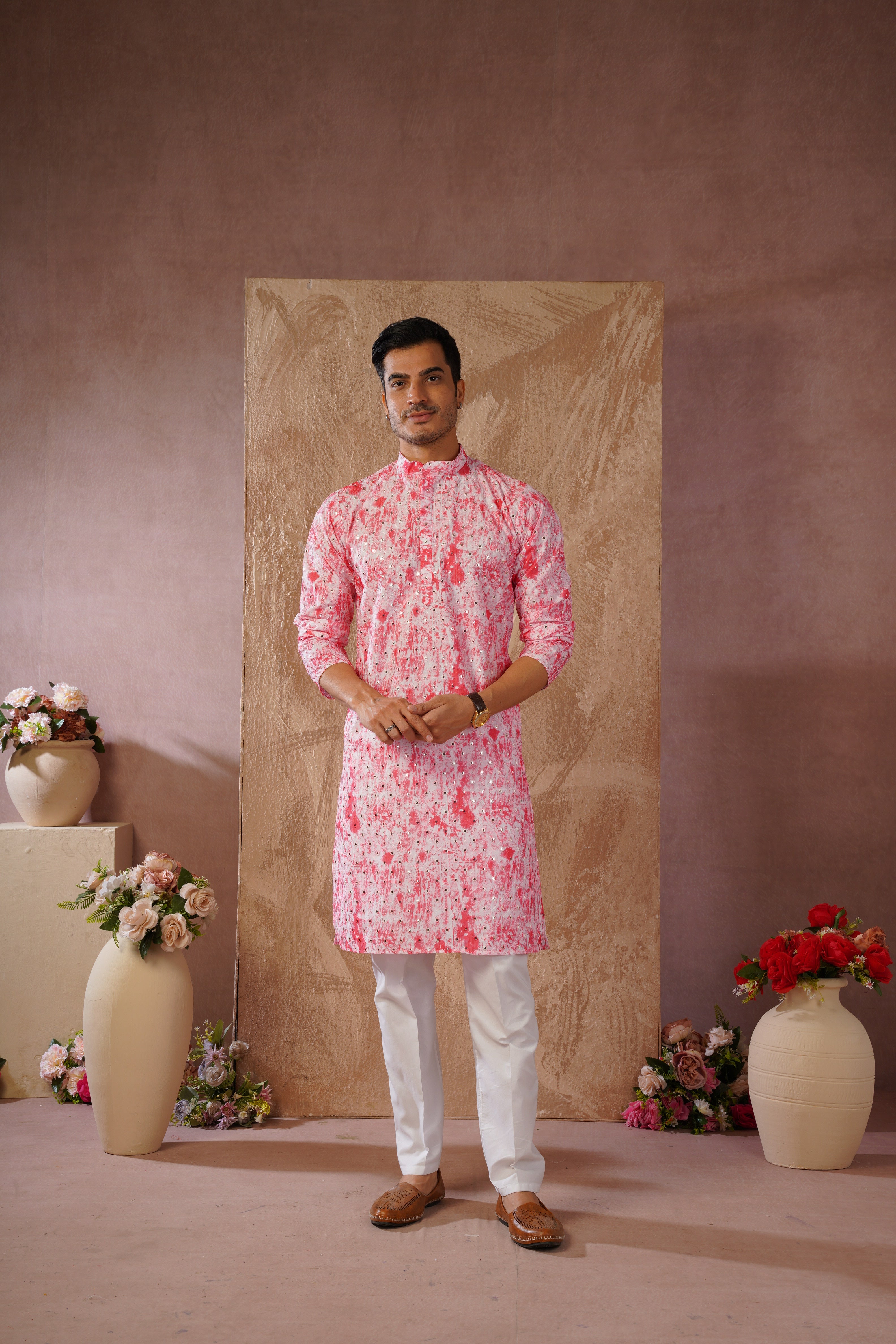 Classic Pink tie-dye kurta set with sequin glow