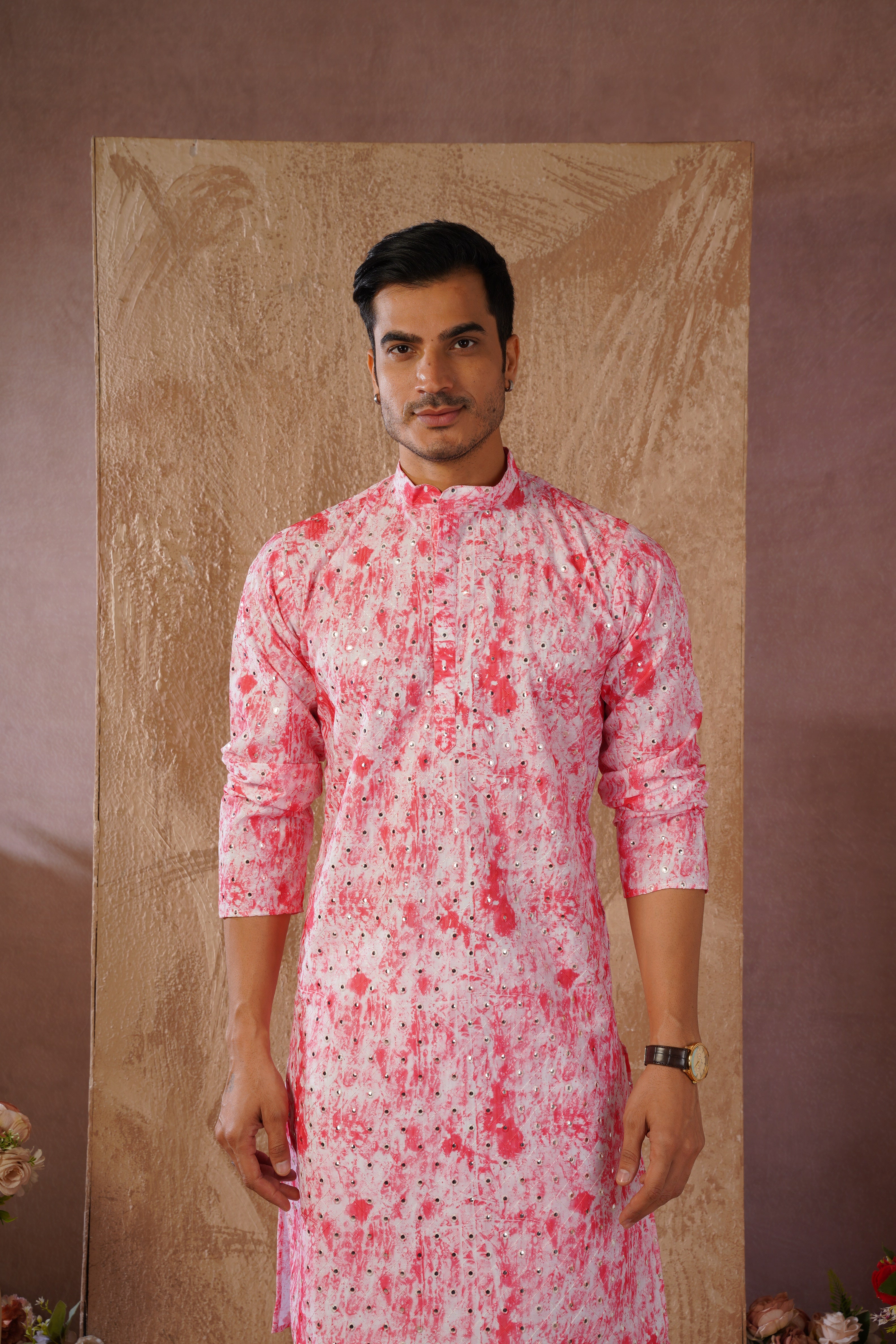 Classic Pink tie-dye kurta set with sequin glow