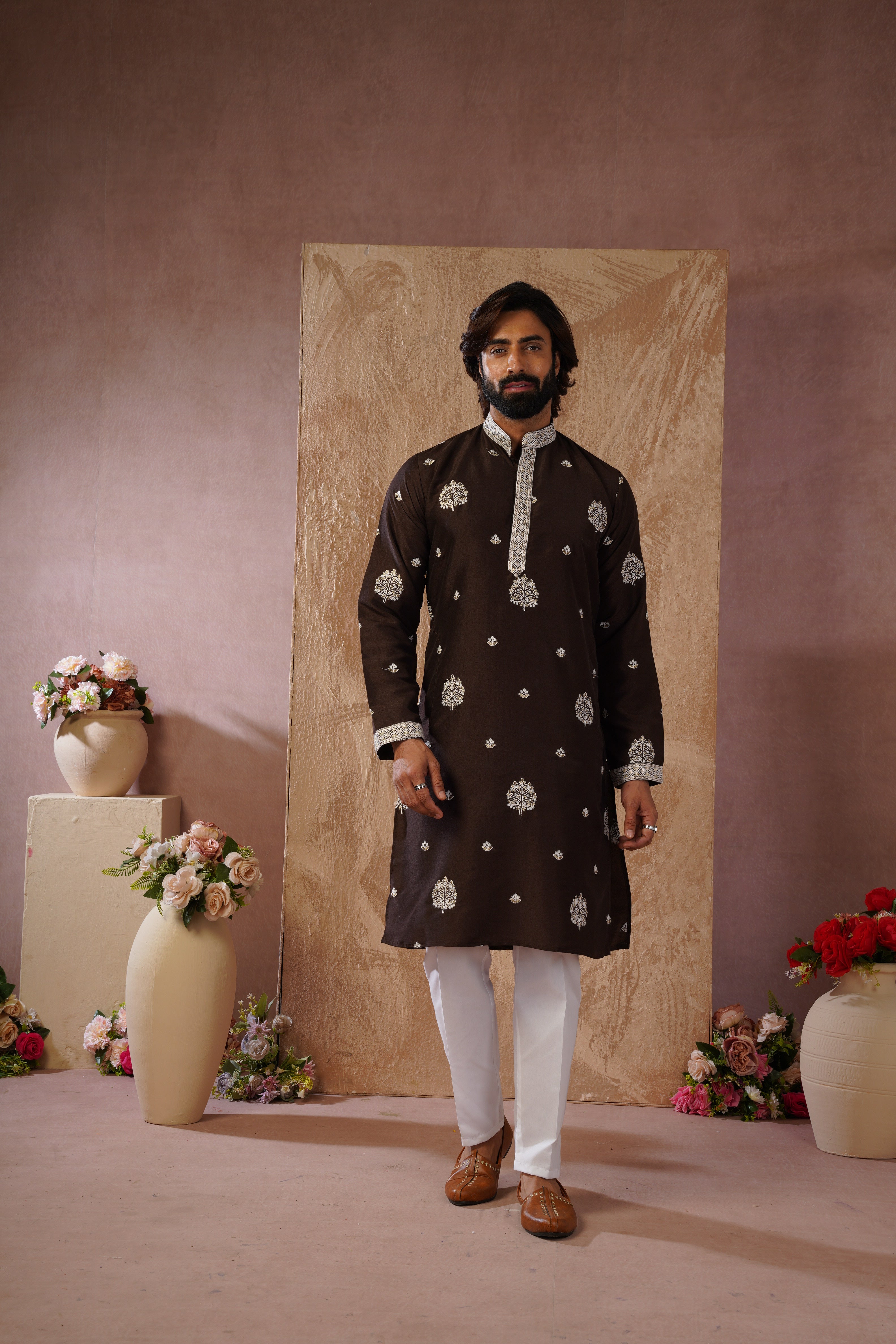 Majestic chocolate Orchid Embroidered Kurta set