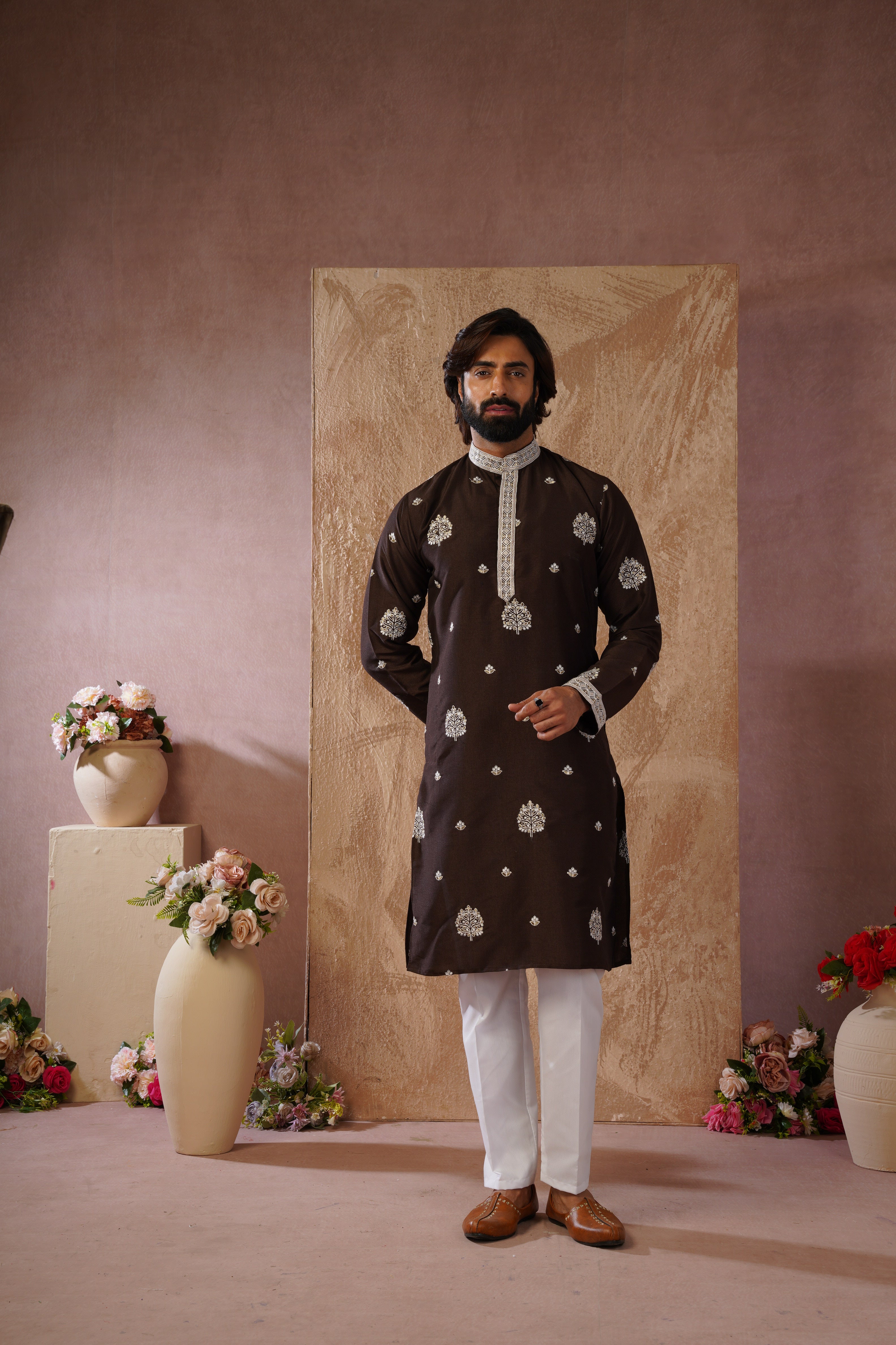Majestic chocolate Orchid Embroidered Kurta set