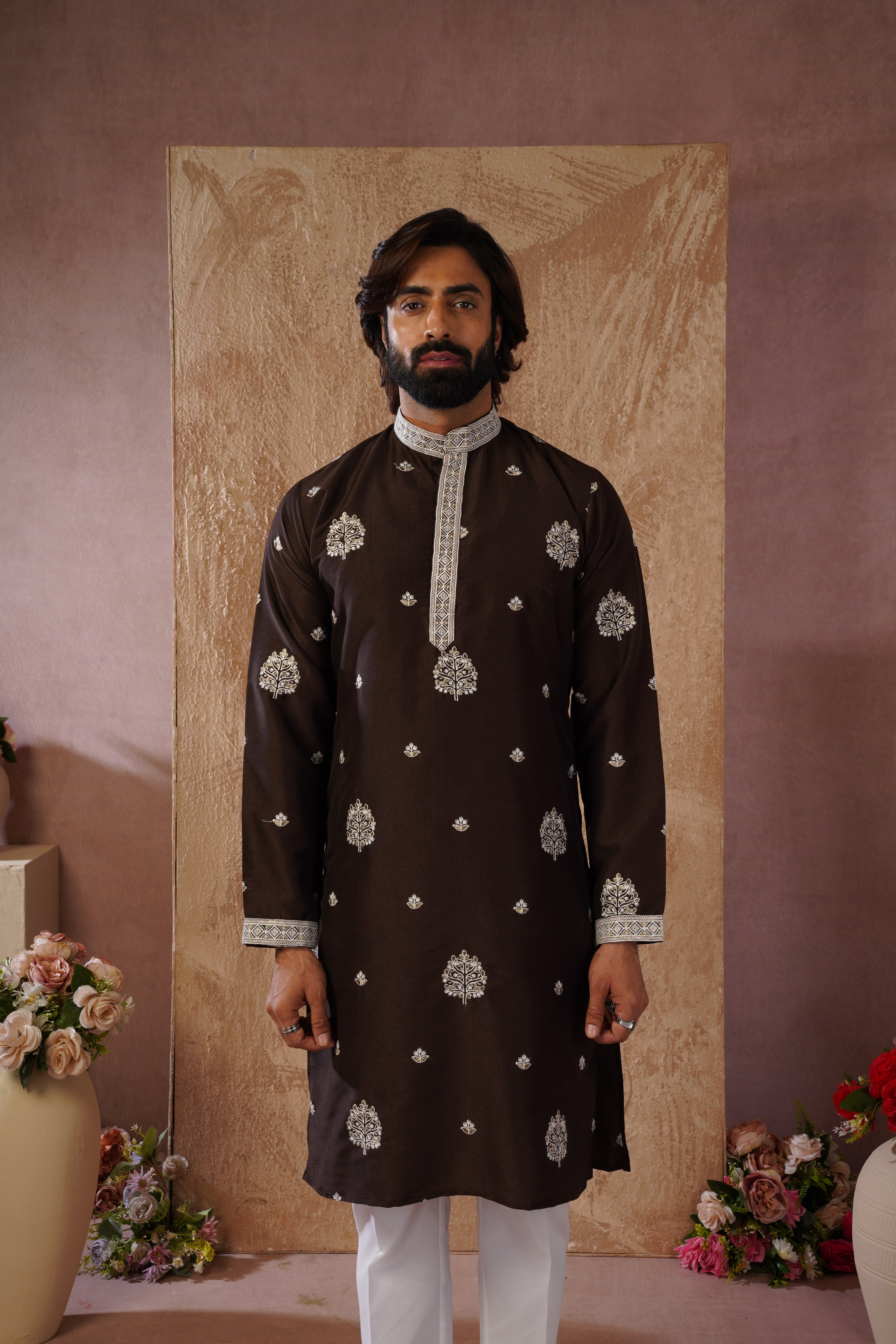 Majestic chocolate Orchid Embroidered Kurta set
