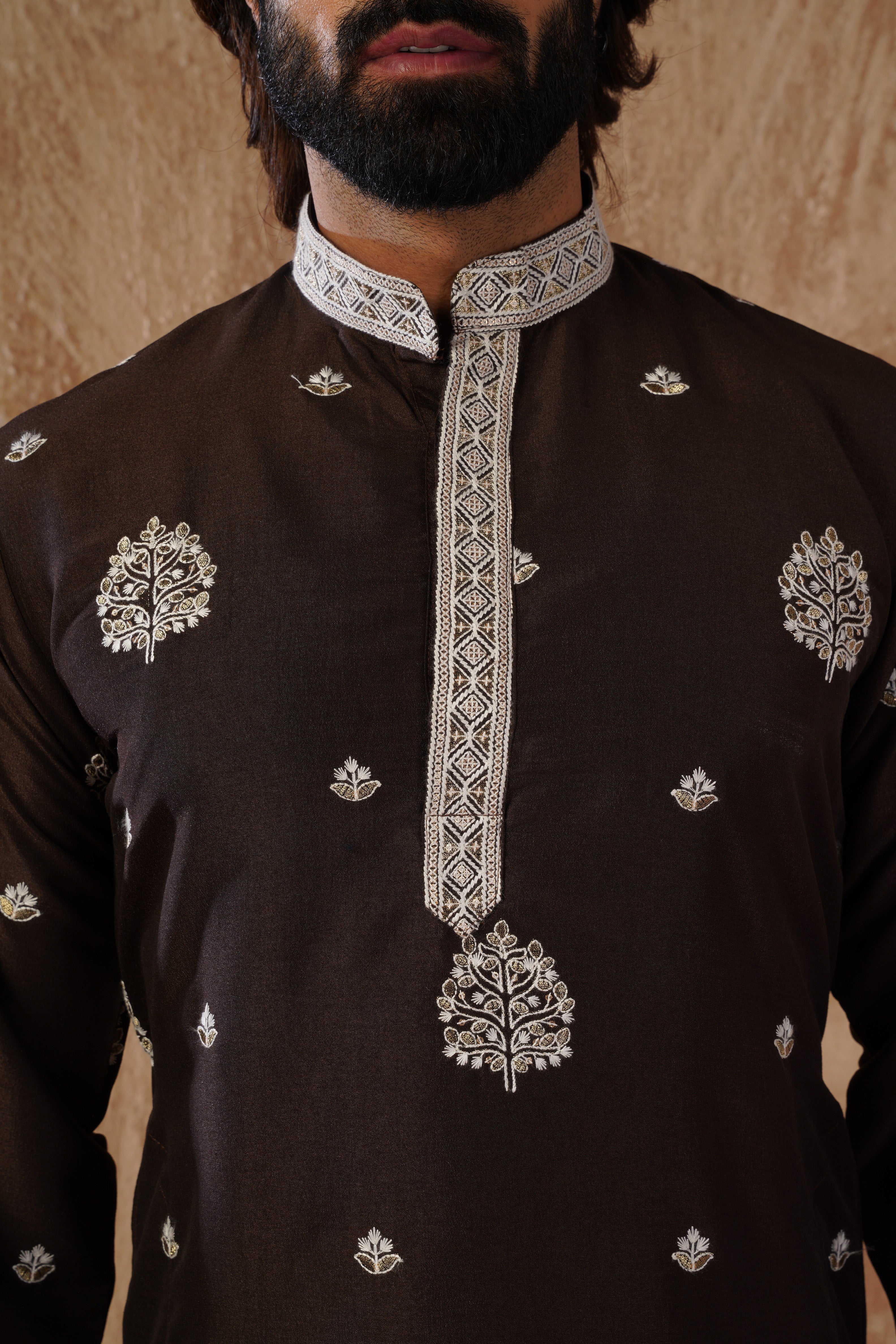 Majestic chocolate Orchid Embroidered Kurta set