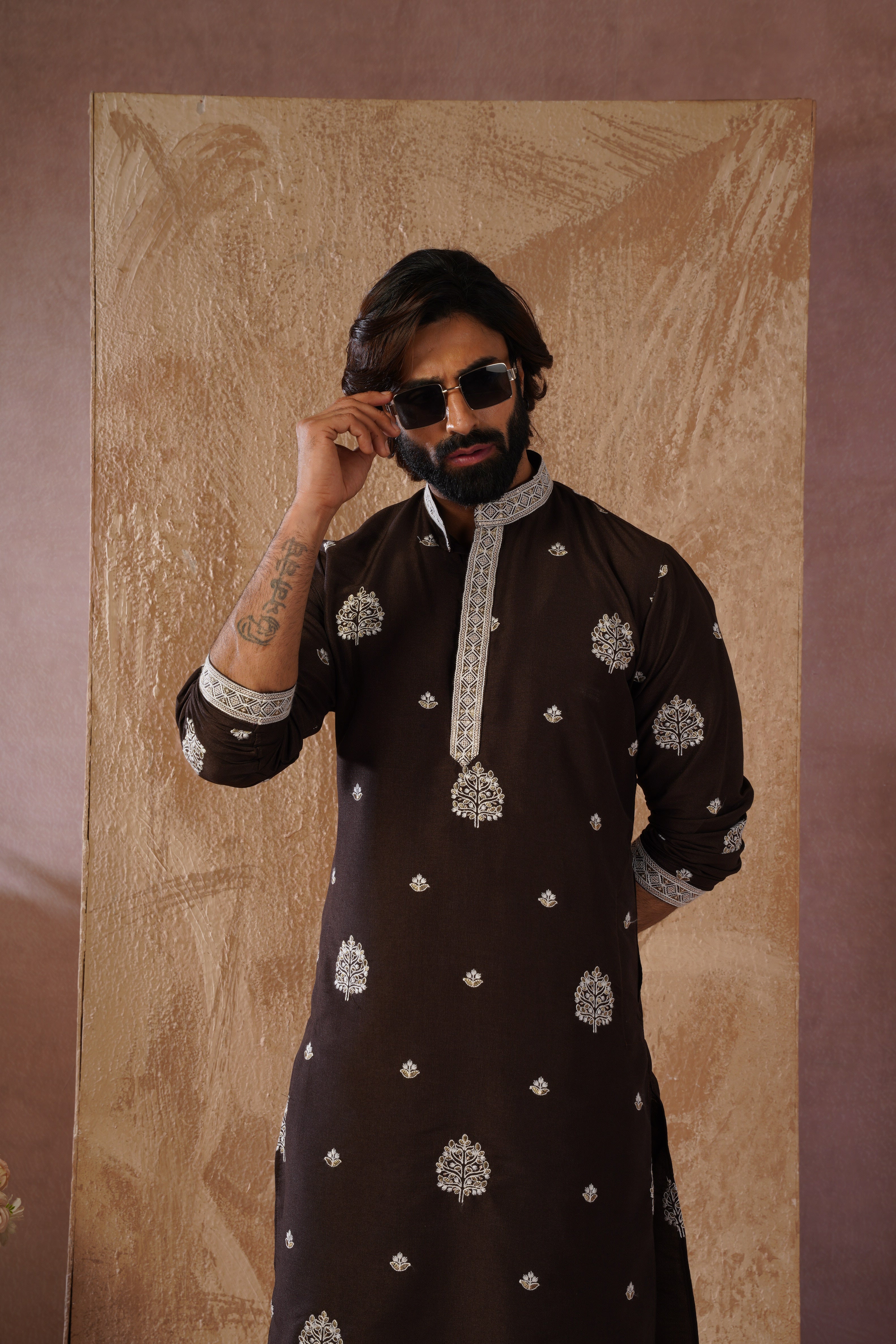 Majestic chocolate Orchid Embroidered Kurta set