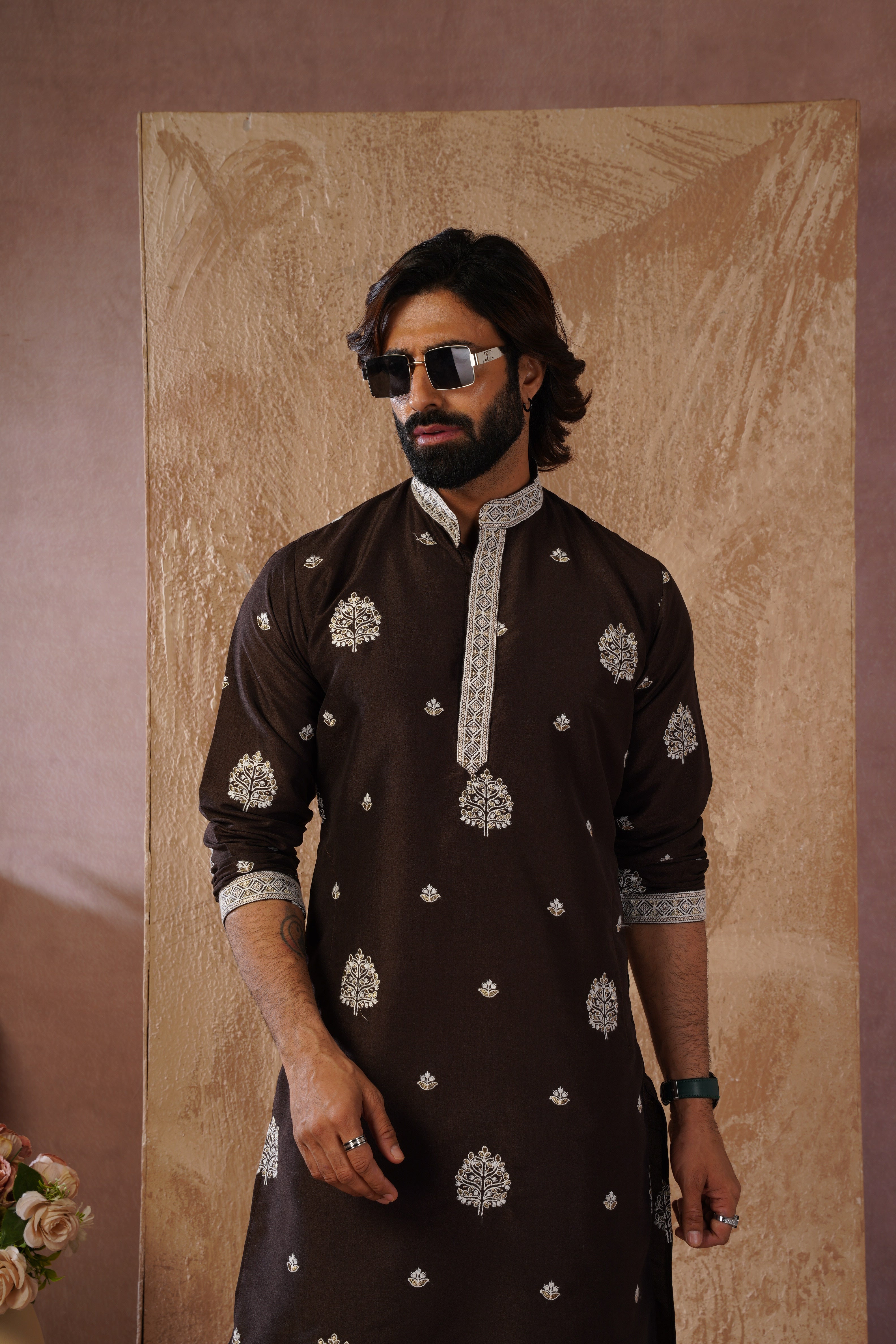 Majestic chocolate Orchid Embroidered Kurta set
