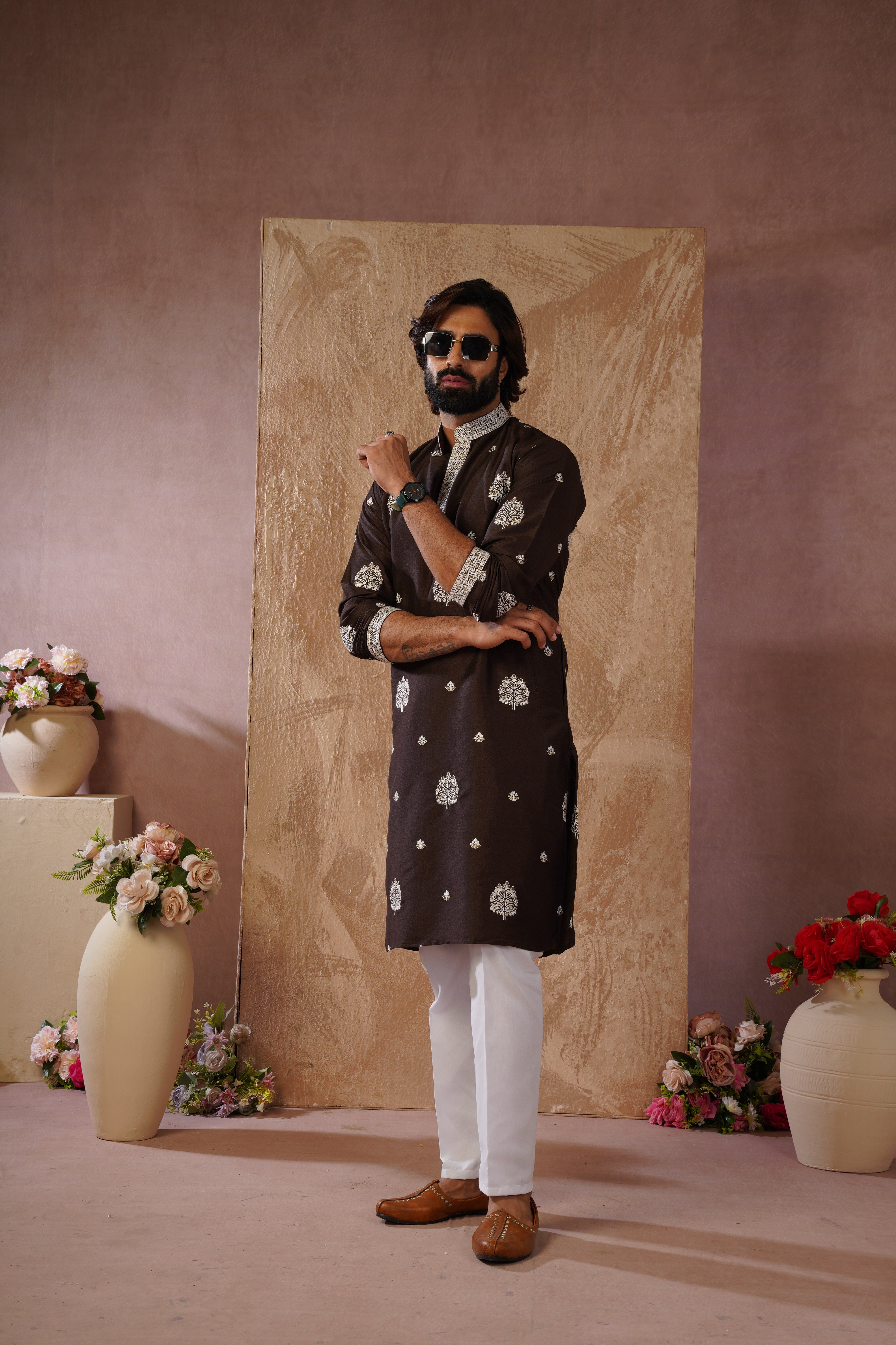 Majestic chocolate Orchid Embroidered Kurta set