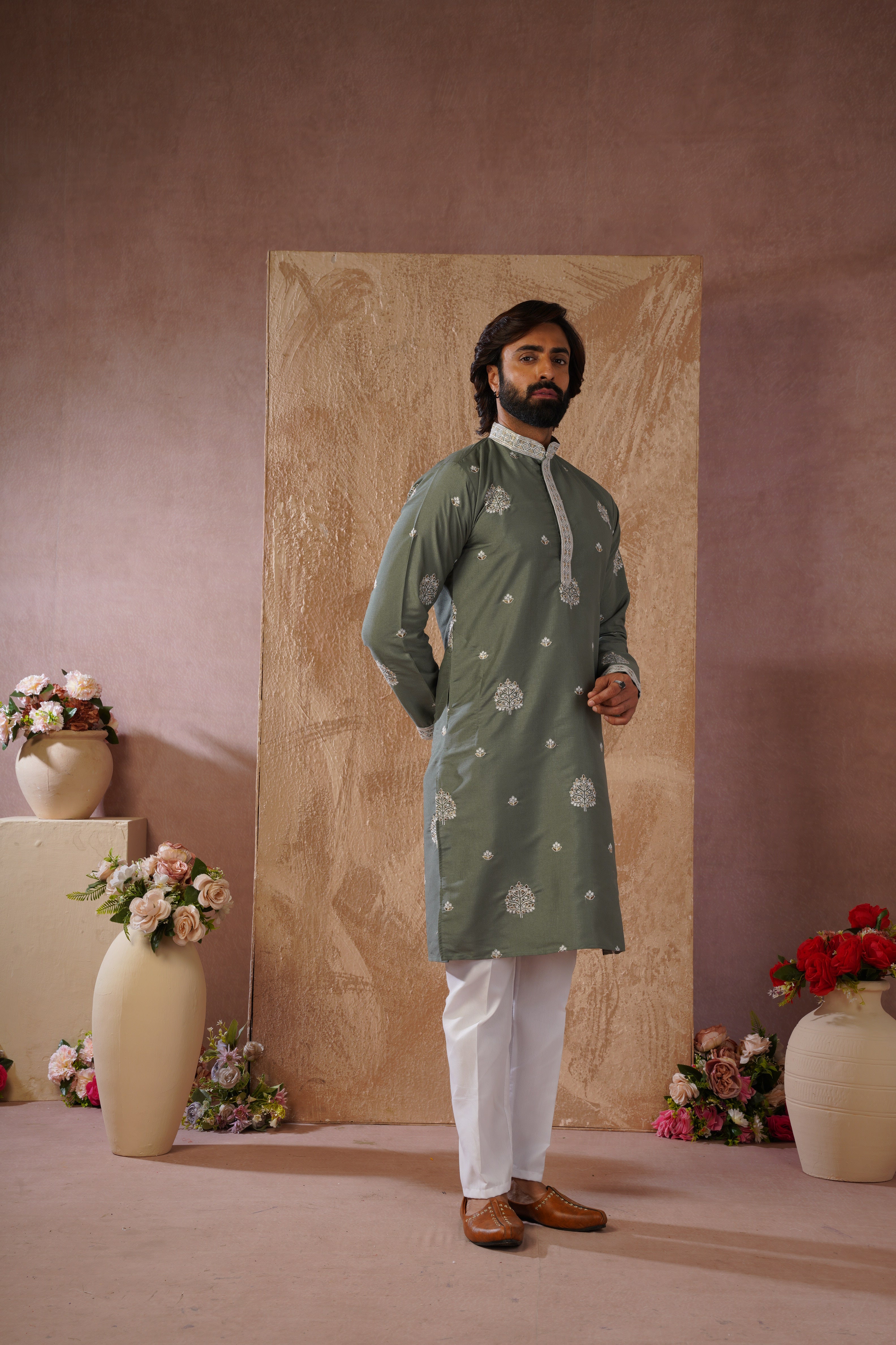 Majestic green Orchid Embroidered Kurta set