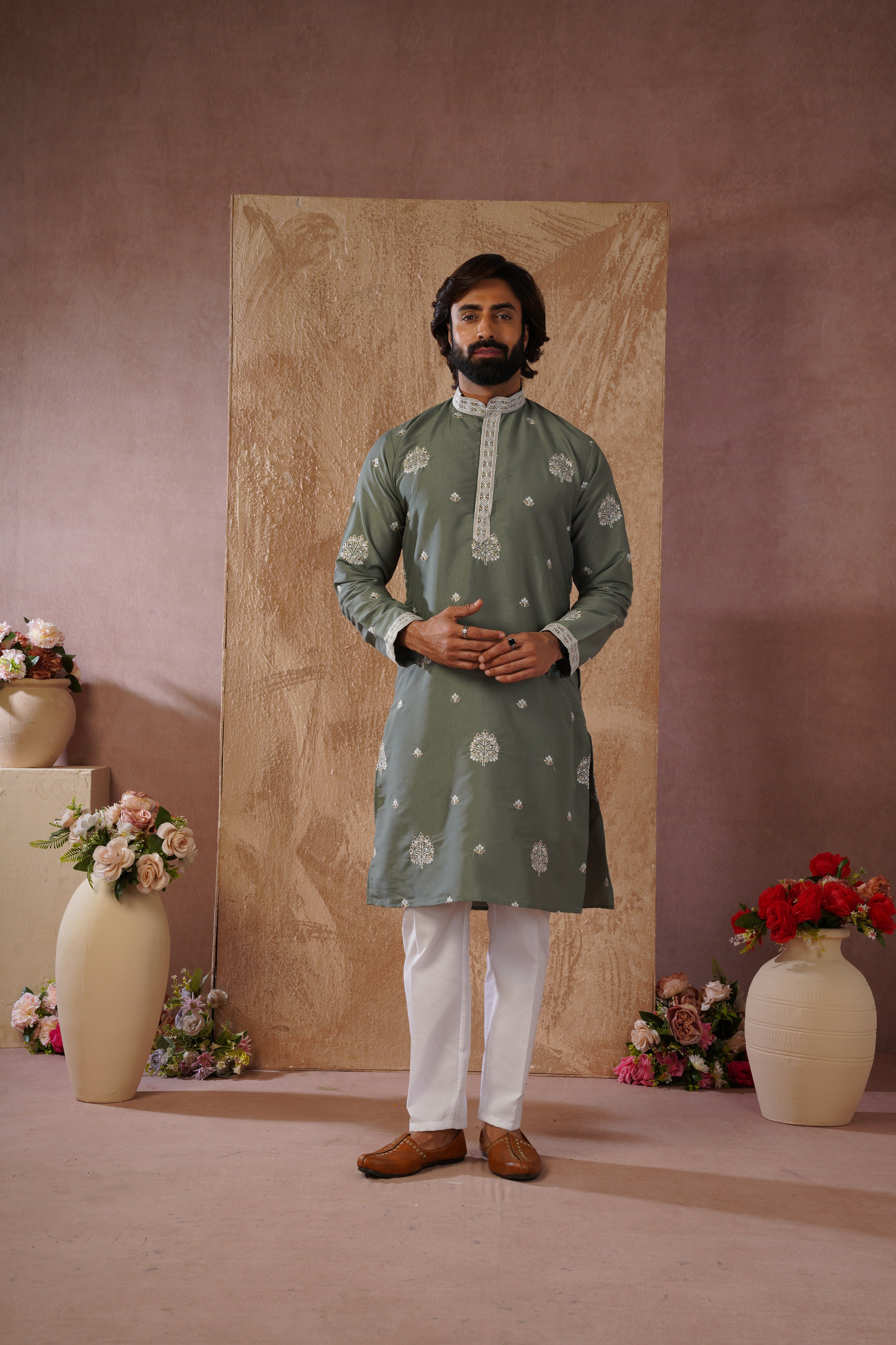 Majestic green Orchid Embroidered Kurta set