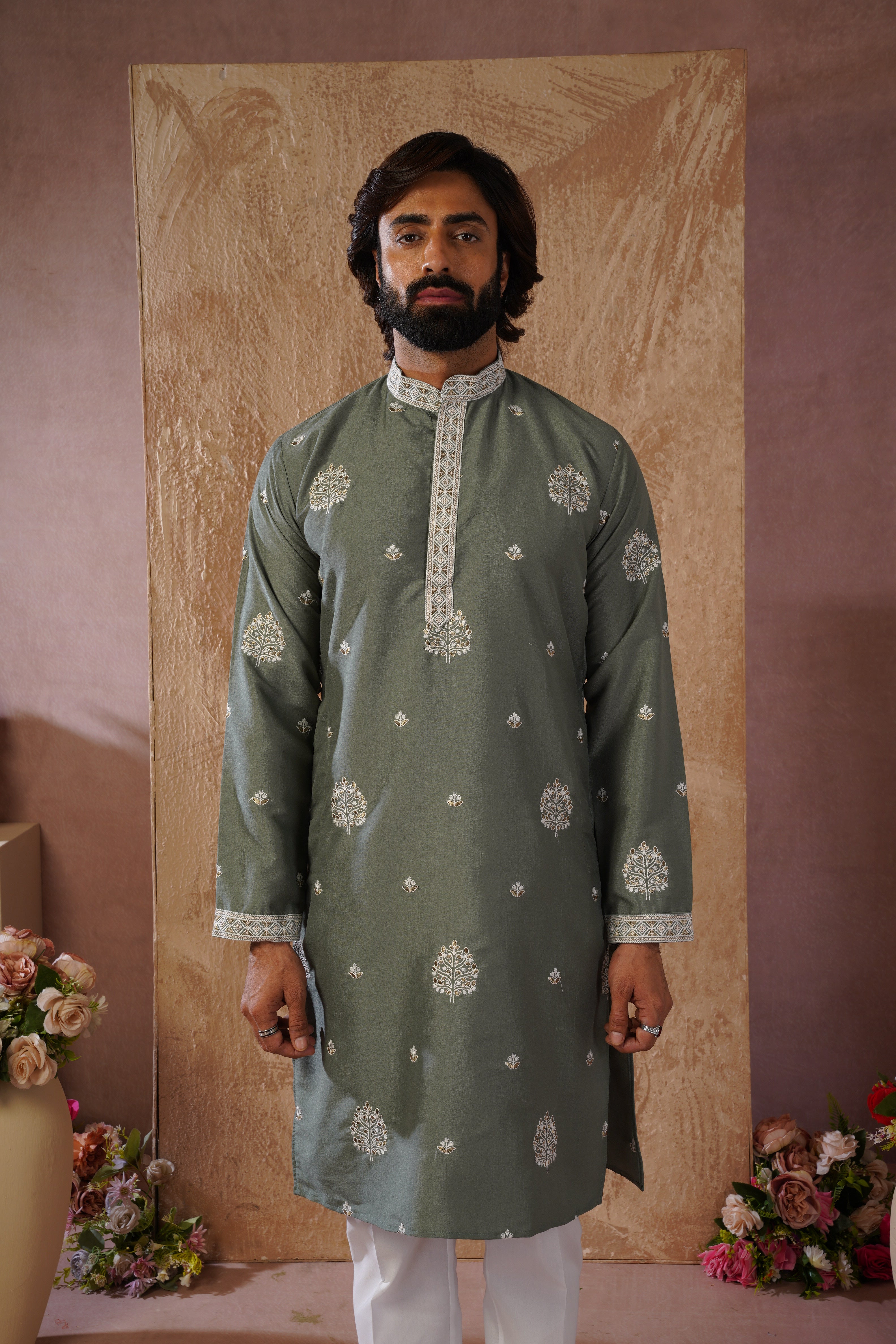 Majestic green Orchid Embroidered Kurta set