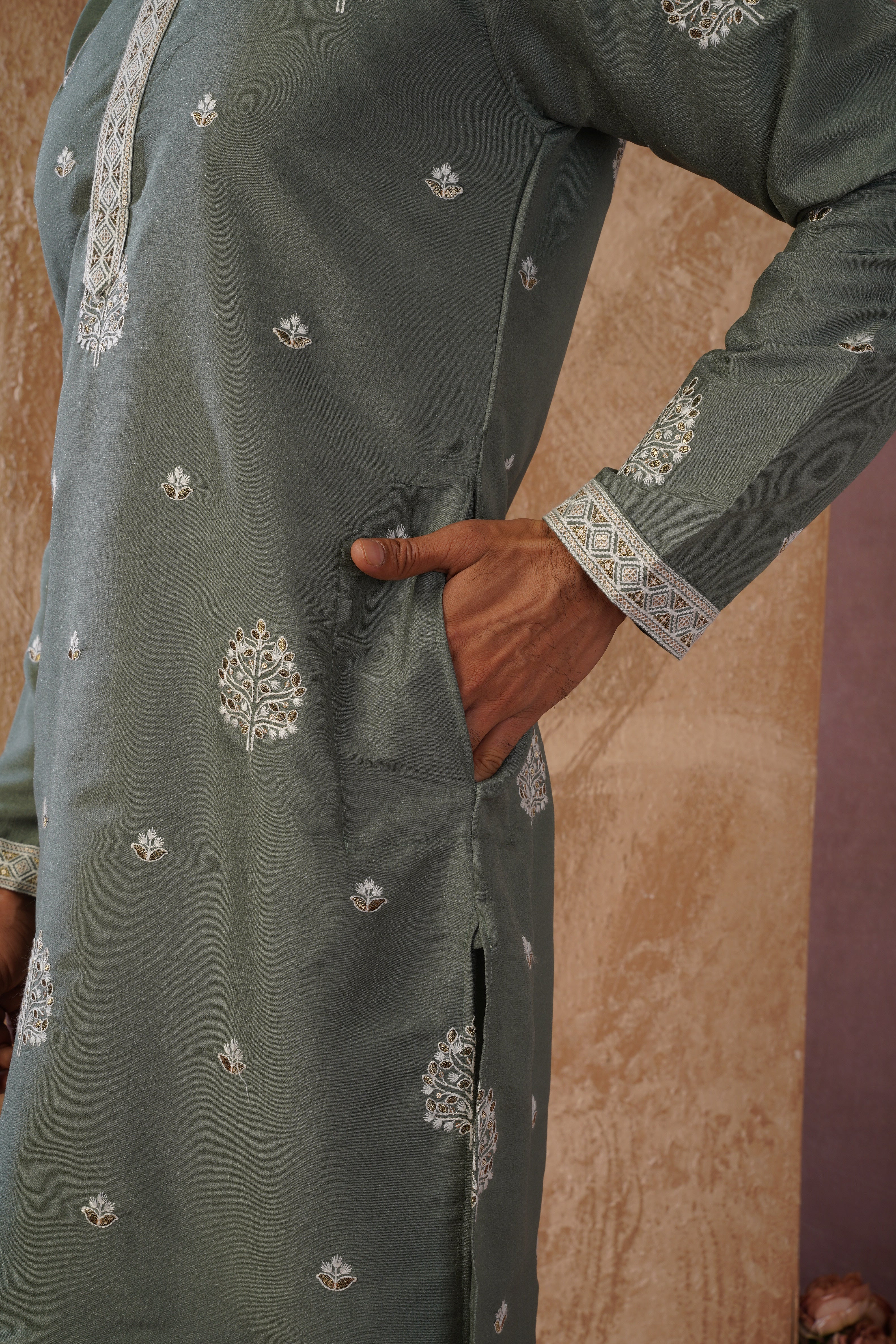 Majestic green Orchid Embroidered Kurta set