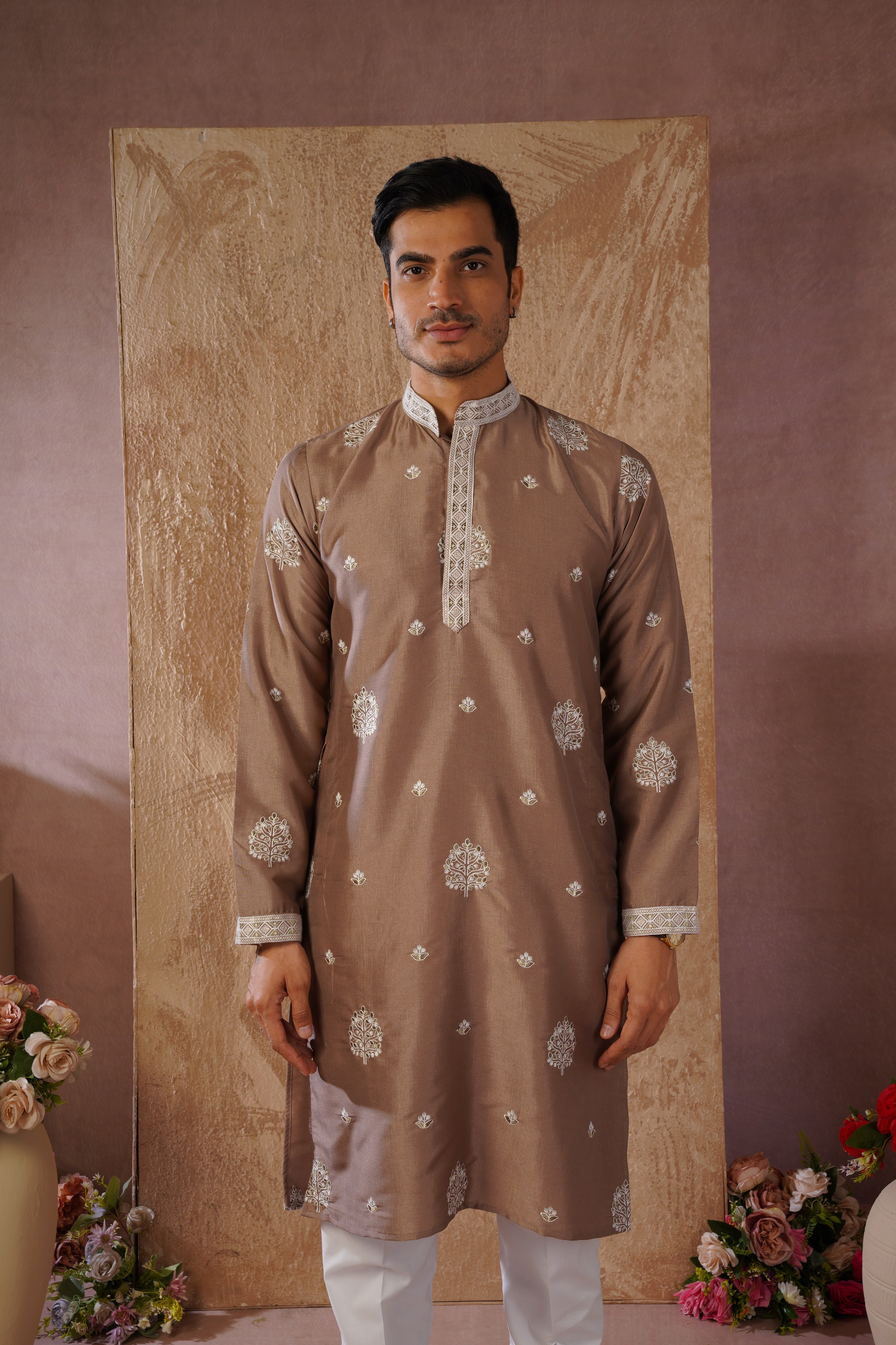 Majestic Brown Orchid Embroidered Kurta set