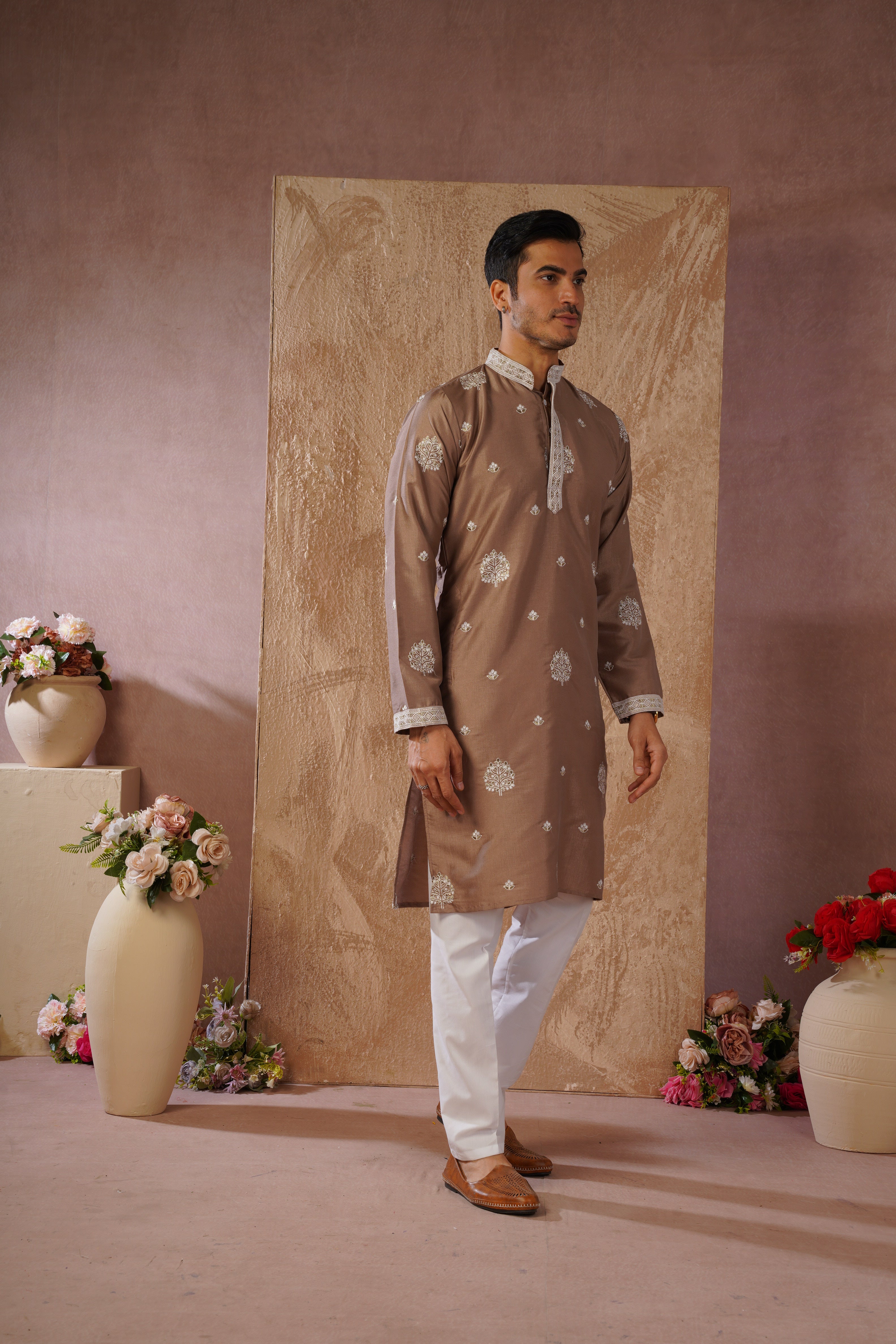 Majestic Brown Orchid Embroidered Kurta set