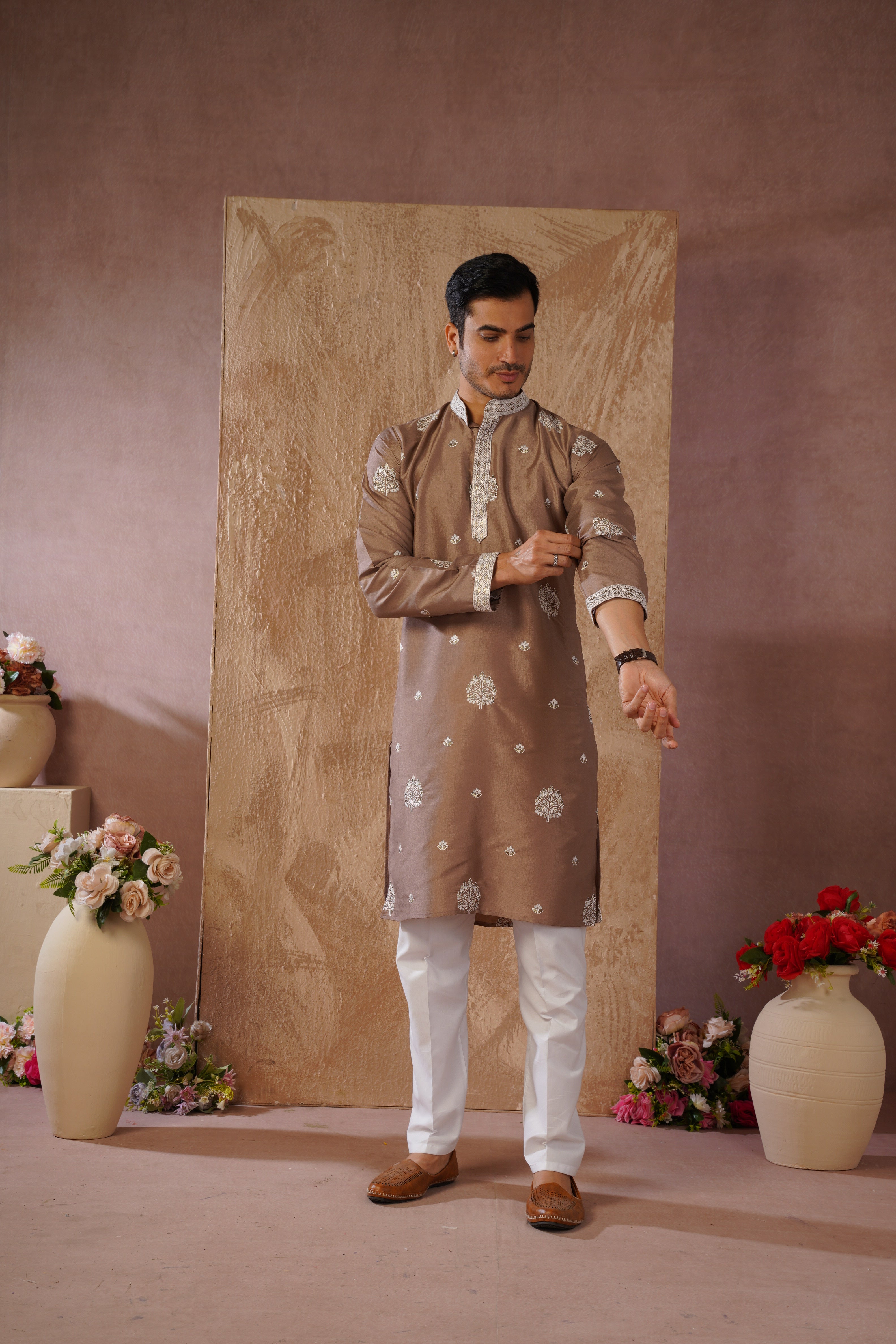 Majestic Brown Orchid Embroidered Kurta set