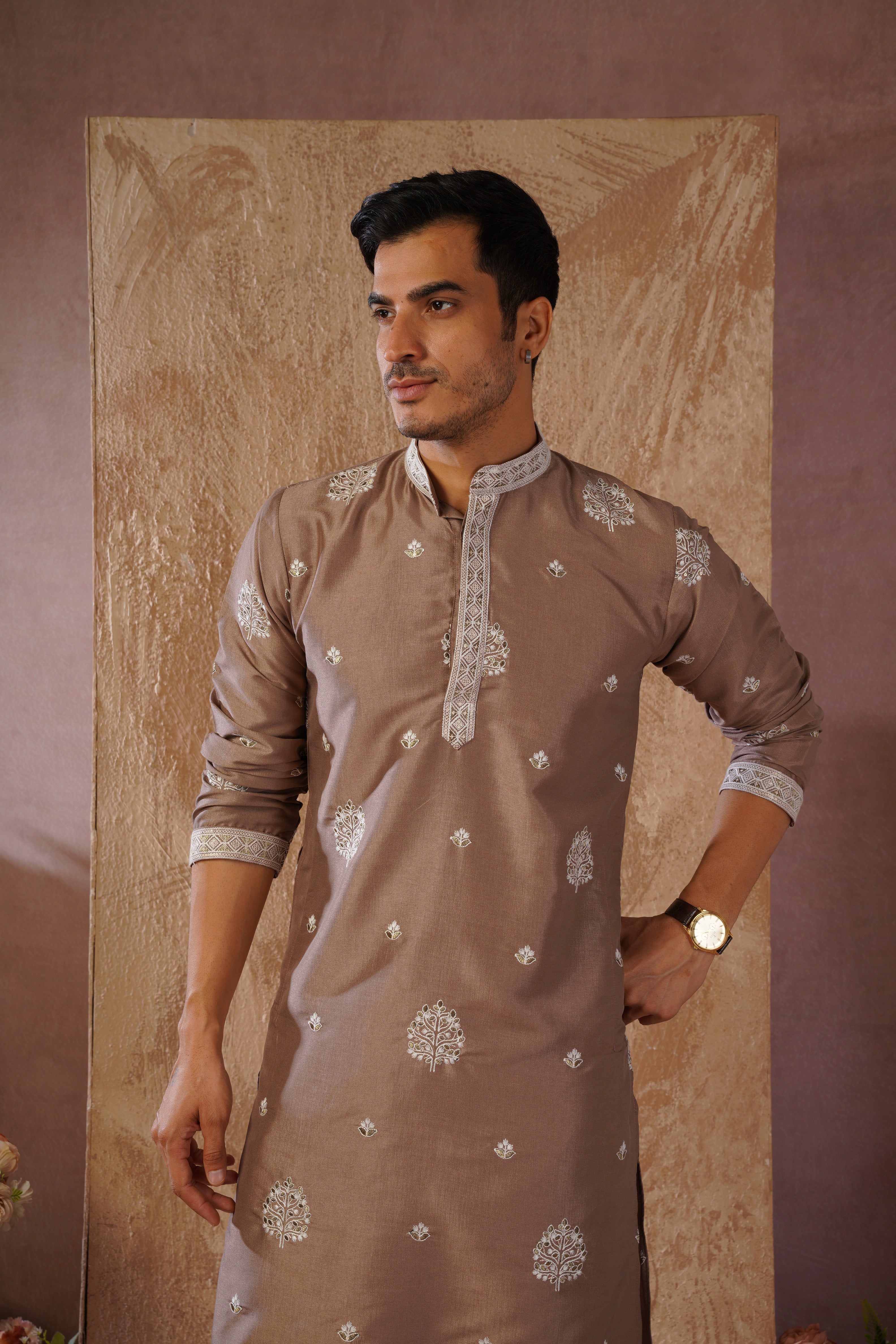 Majestic Brown Orchid Embroidered Kurta set