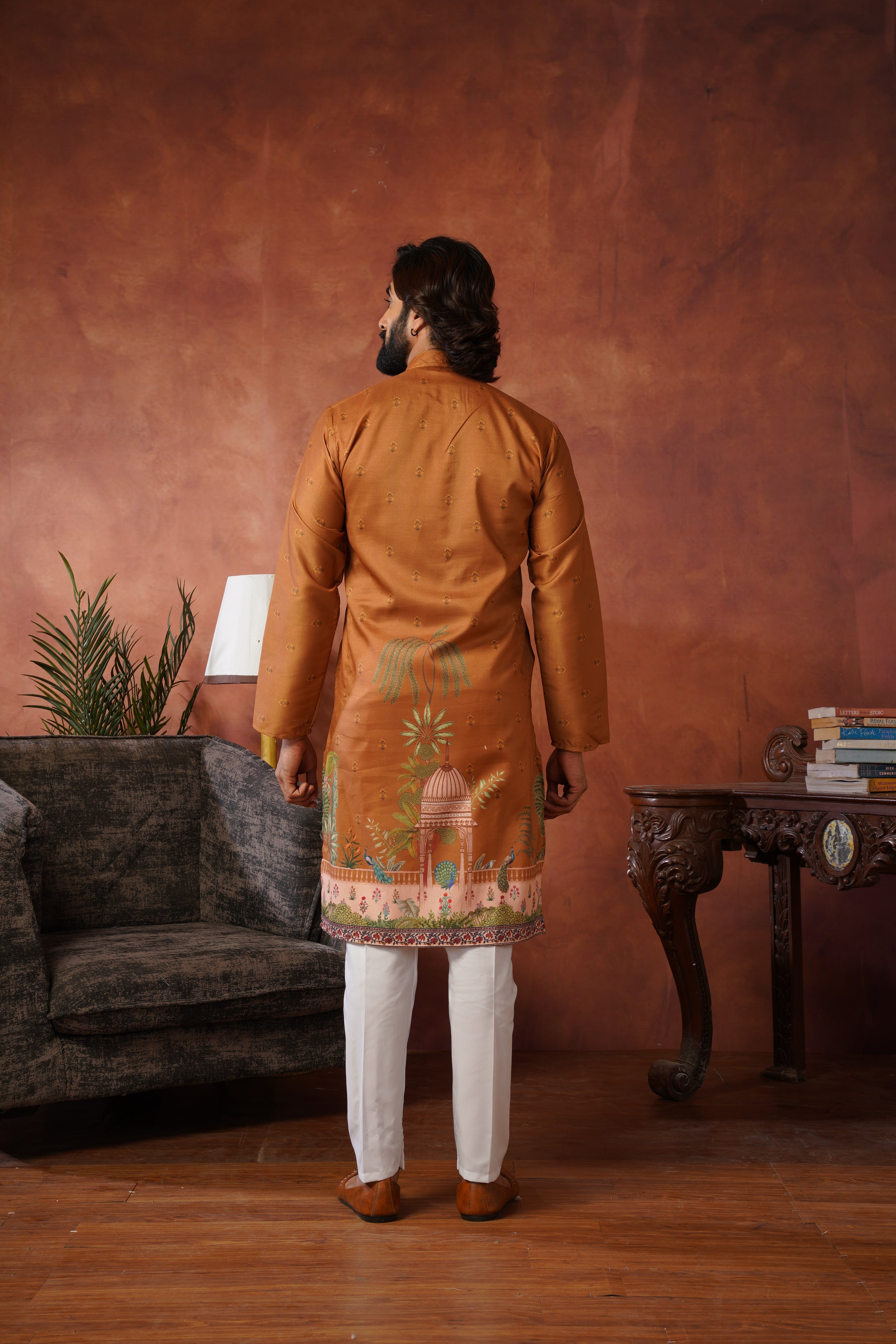 Rambagh Brown Printed Mens Kurta Set