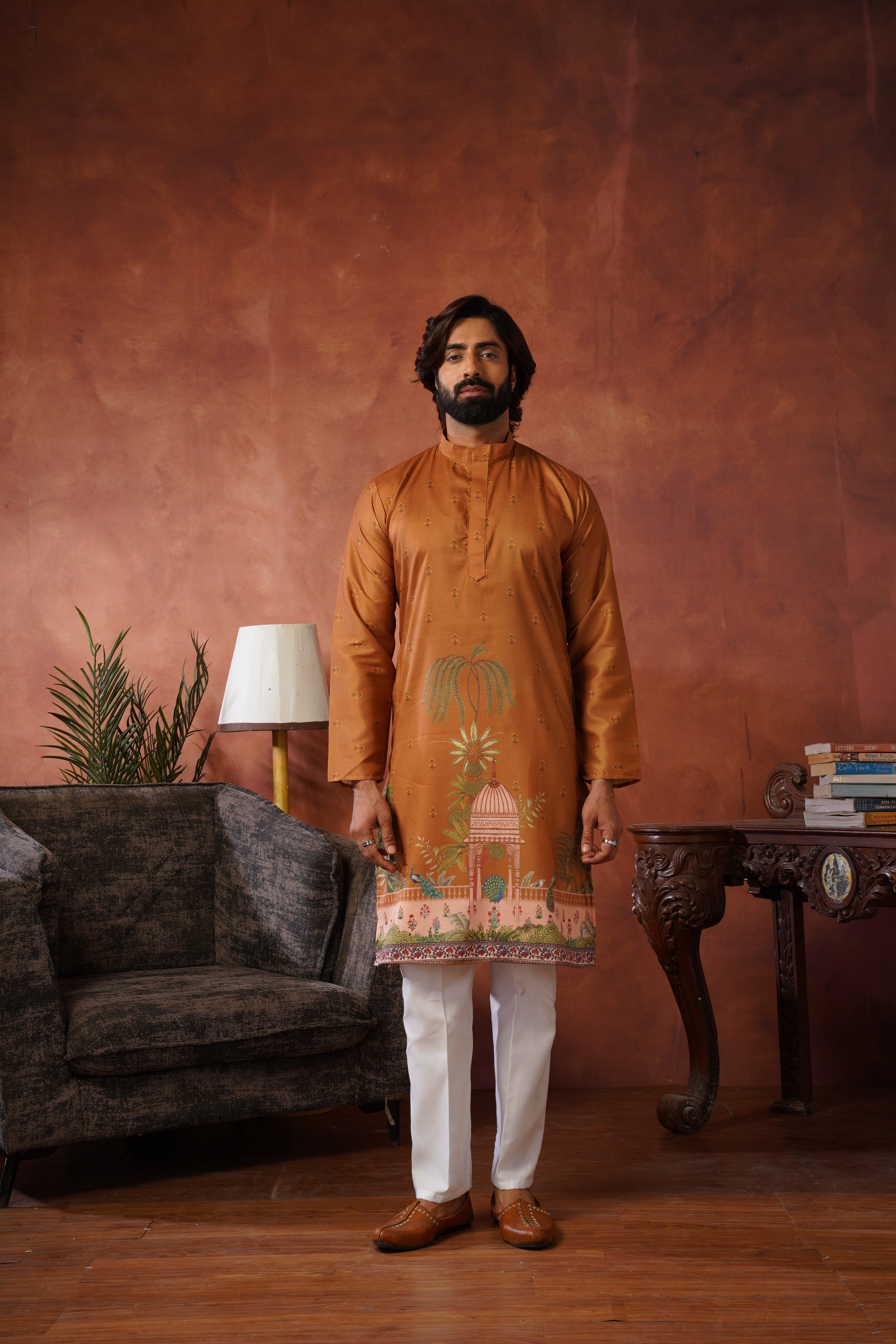 Rambagh Brown Printed Mens Kurta Set