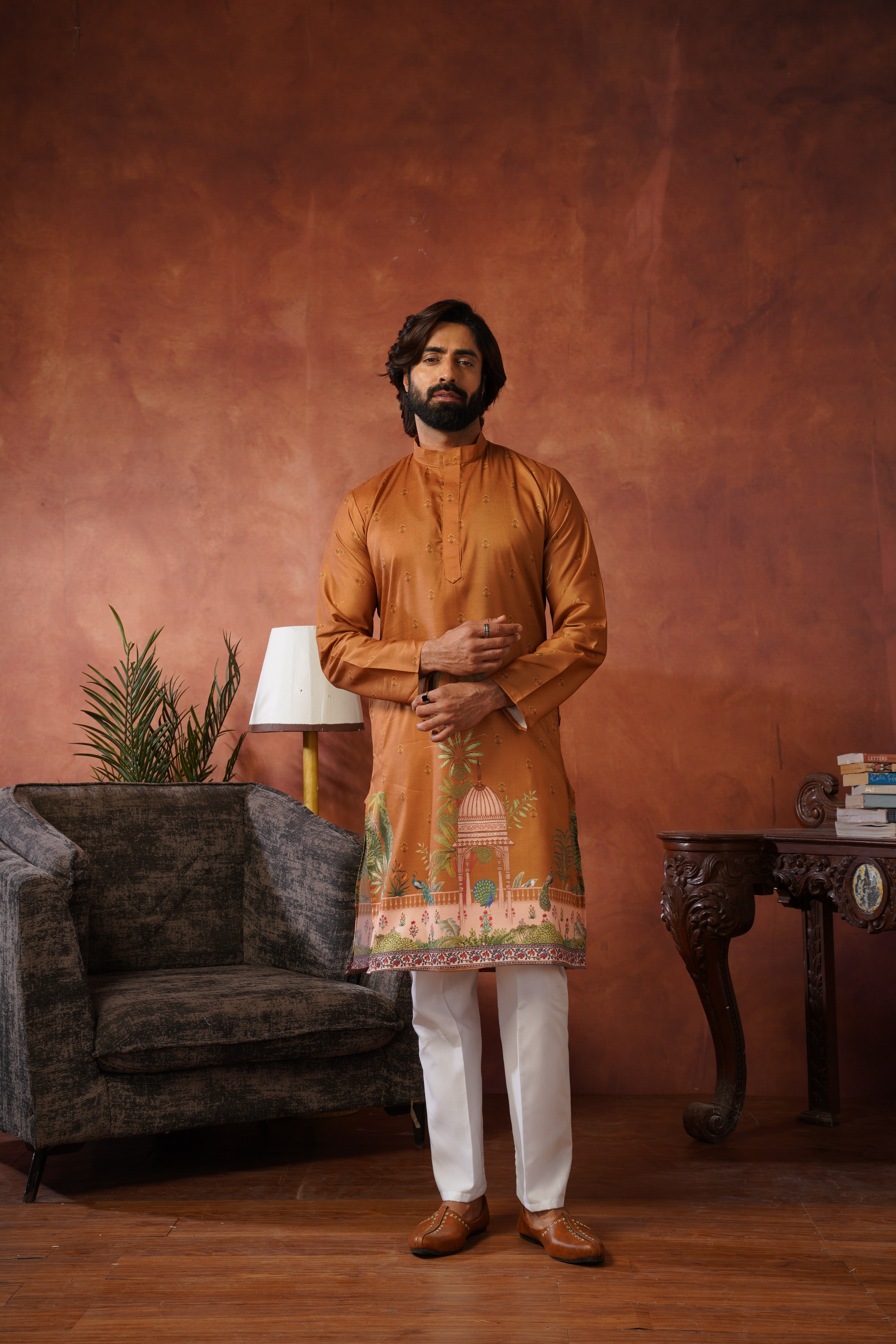 Rambagh Brown Printed Mens Kurta Set