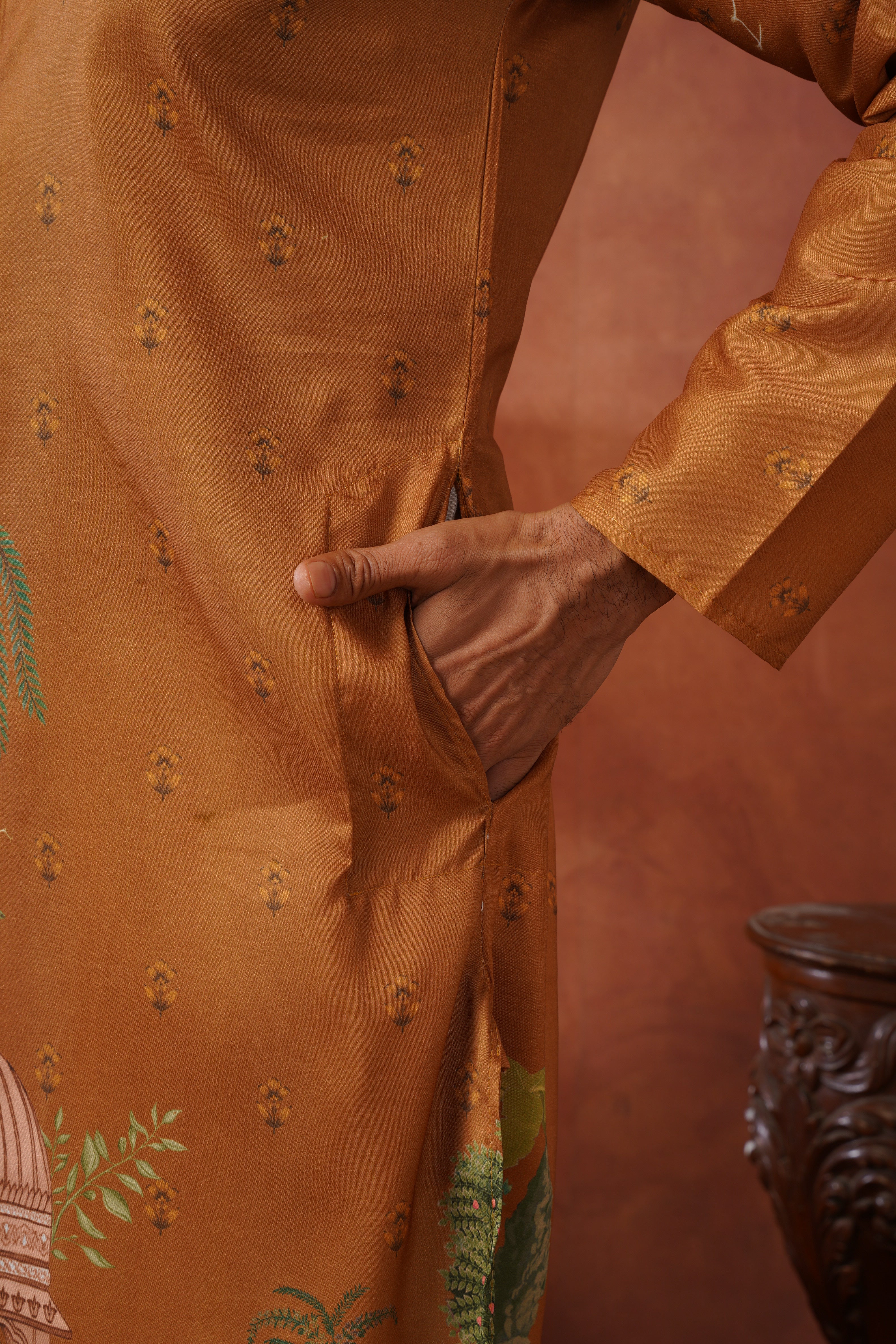 Rambagh Brown Printed Mens Kurta Set