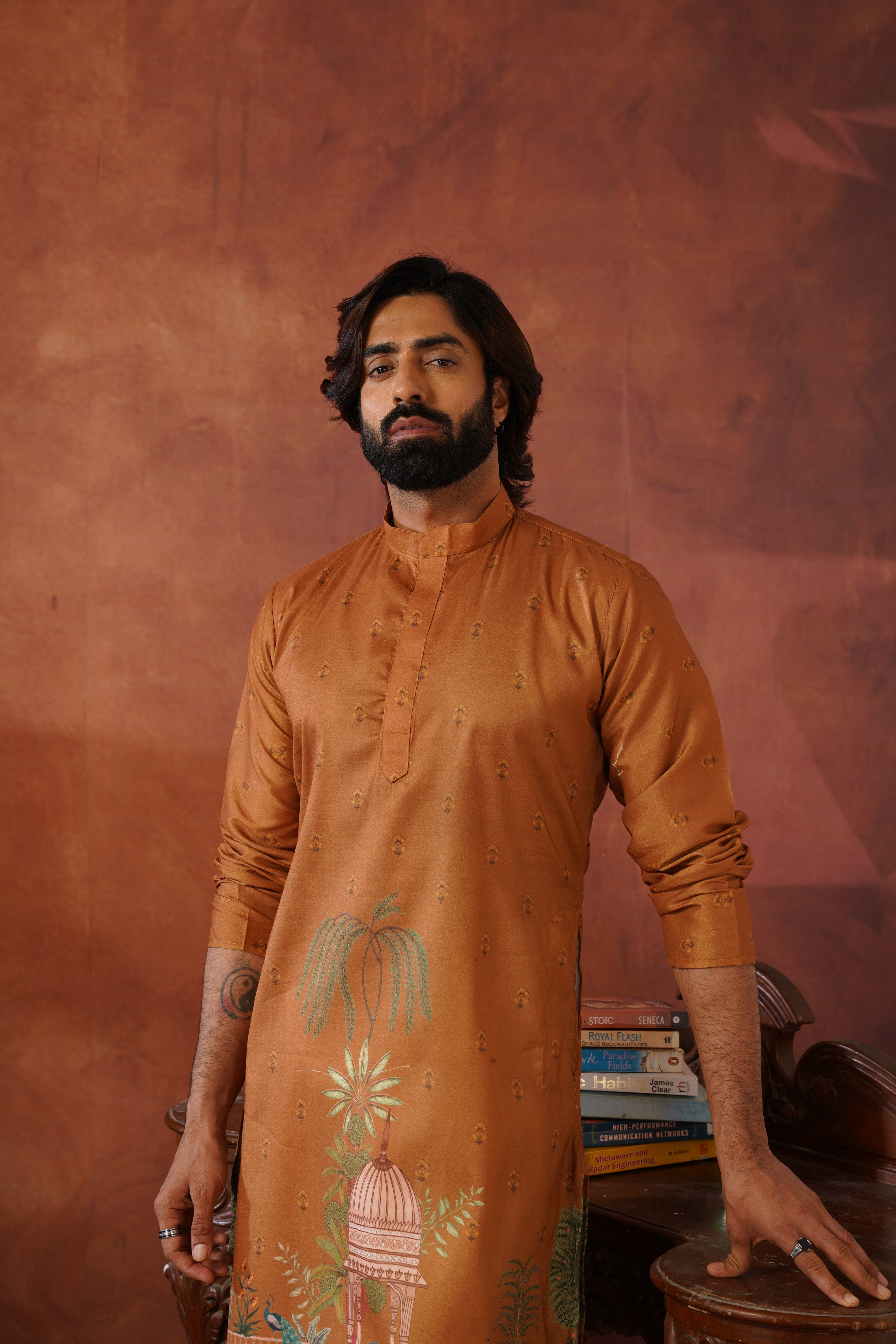 Rambagh Brown Printed Mens Kurta Set