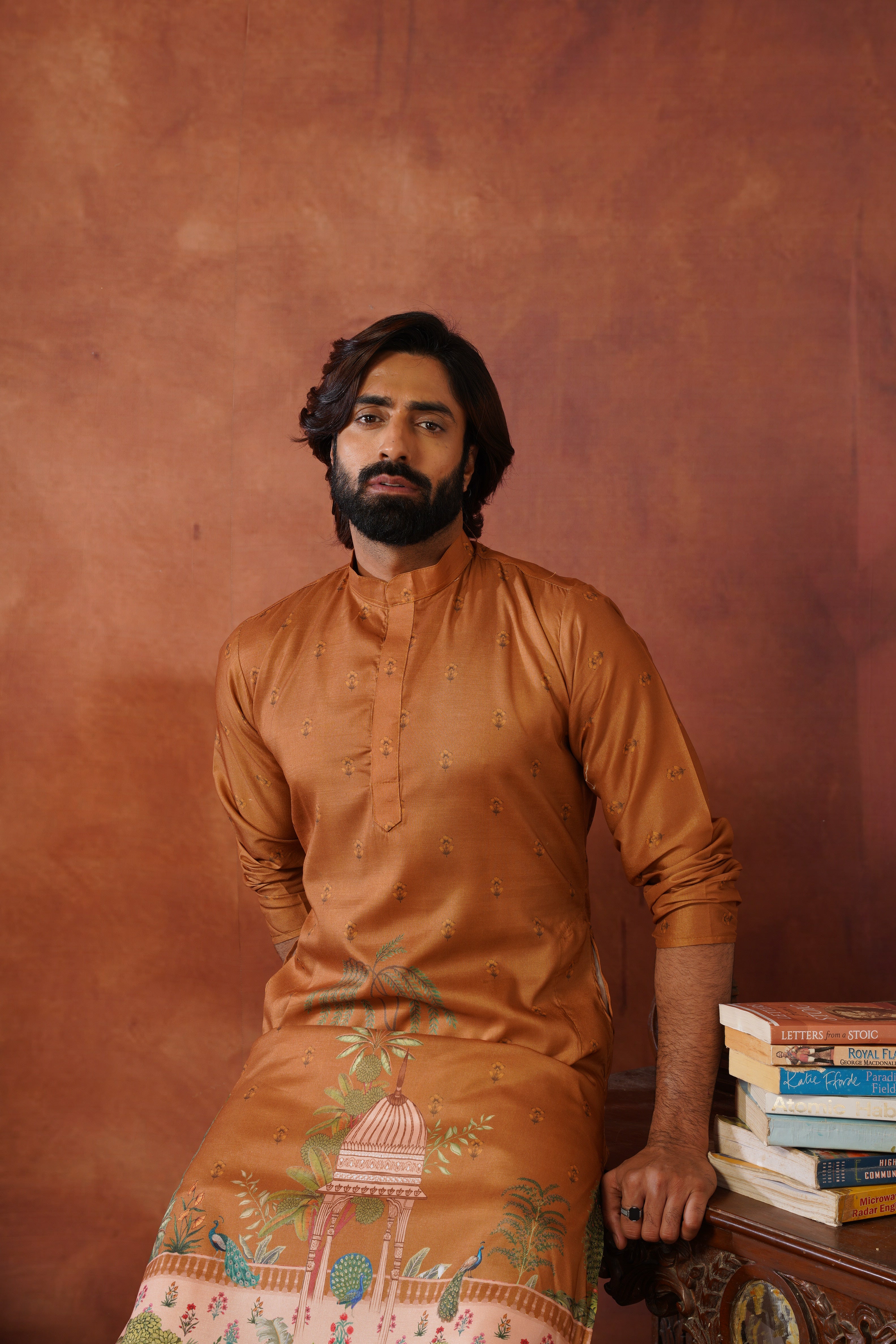 Rambagh Brown Printed Mens Kurta Set