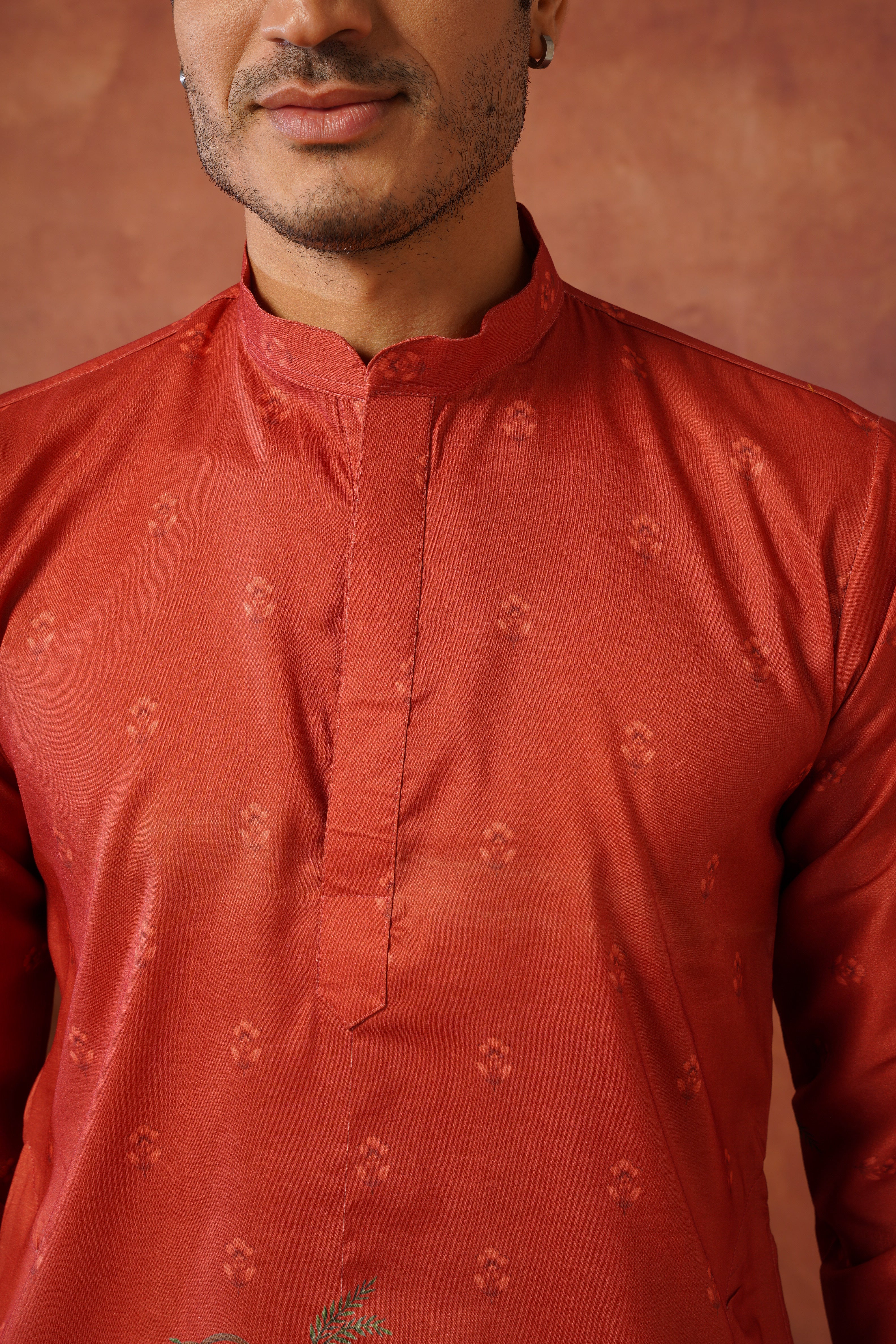 Rambagh Orange Printed Mens Kurta Set
