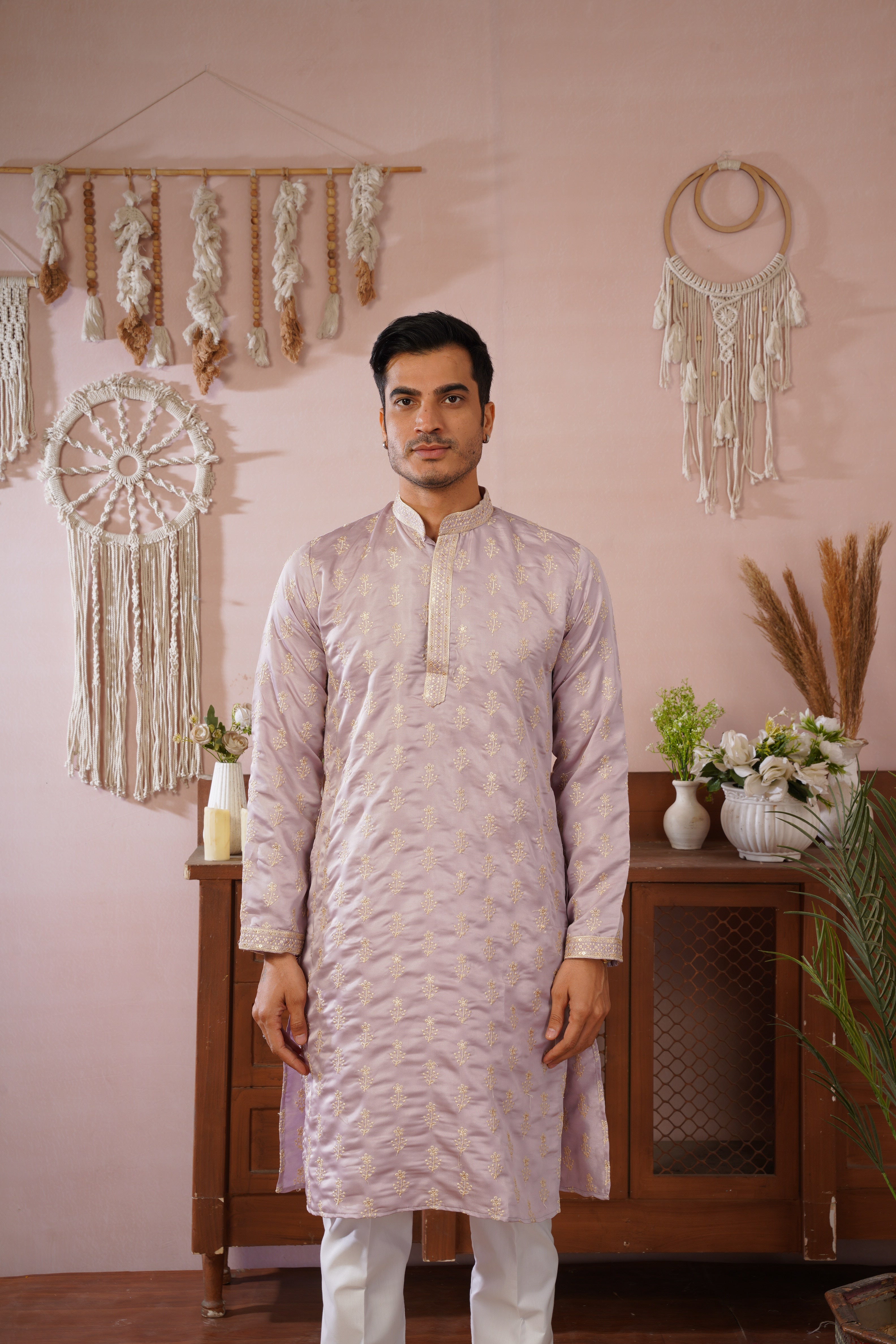 Lavendar Sequin-Embroidered Kurta set with gold detailing