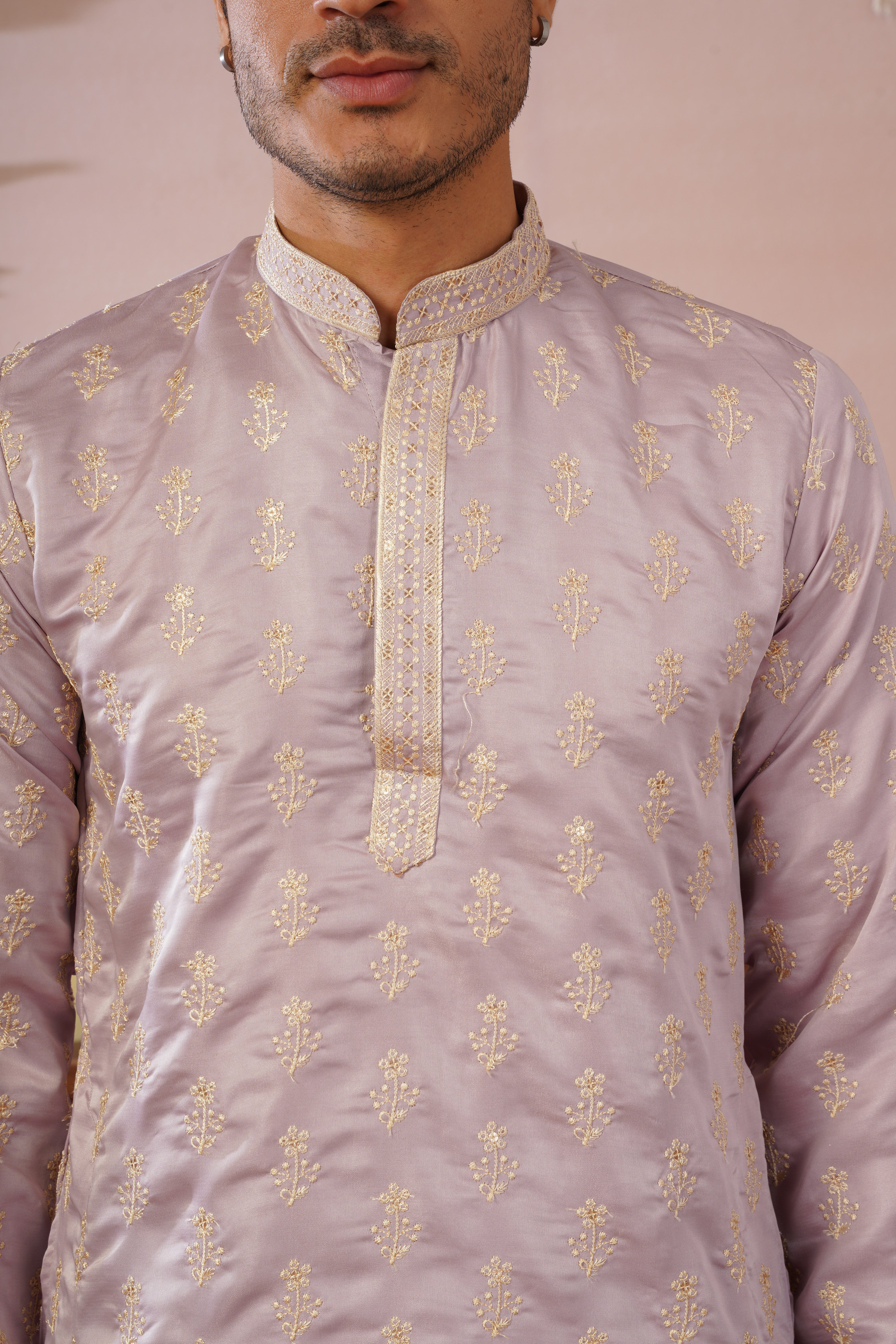 Lavendar Sequin-Embroidered Kurta set with gold detailing