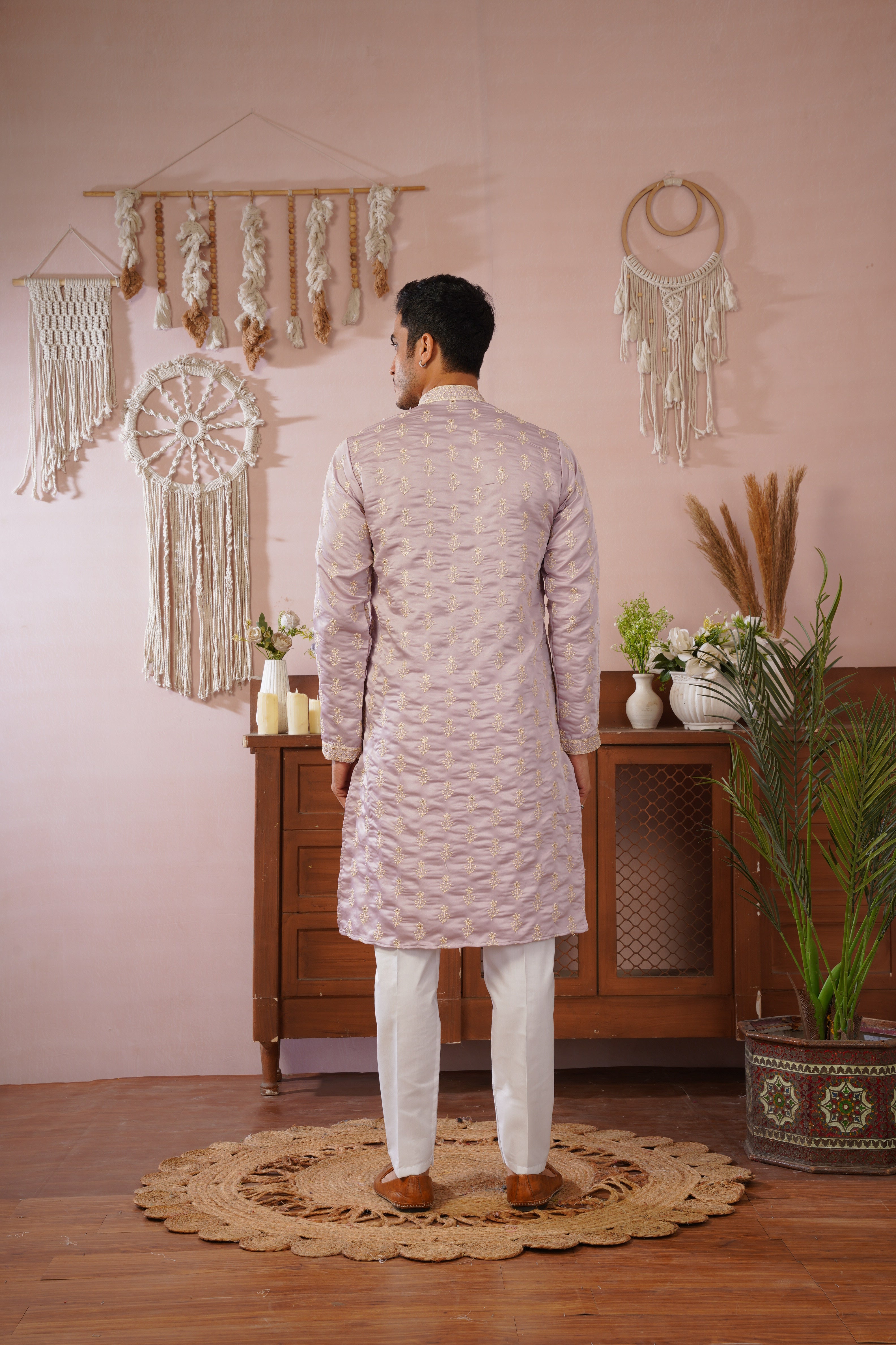 Lavendar Sequin-Embroidered Kurta set with gold detailing