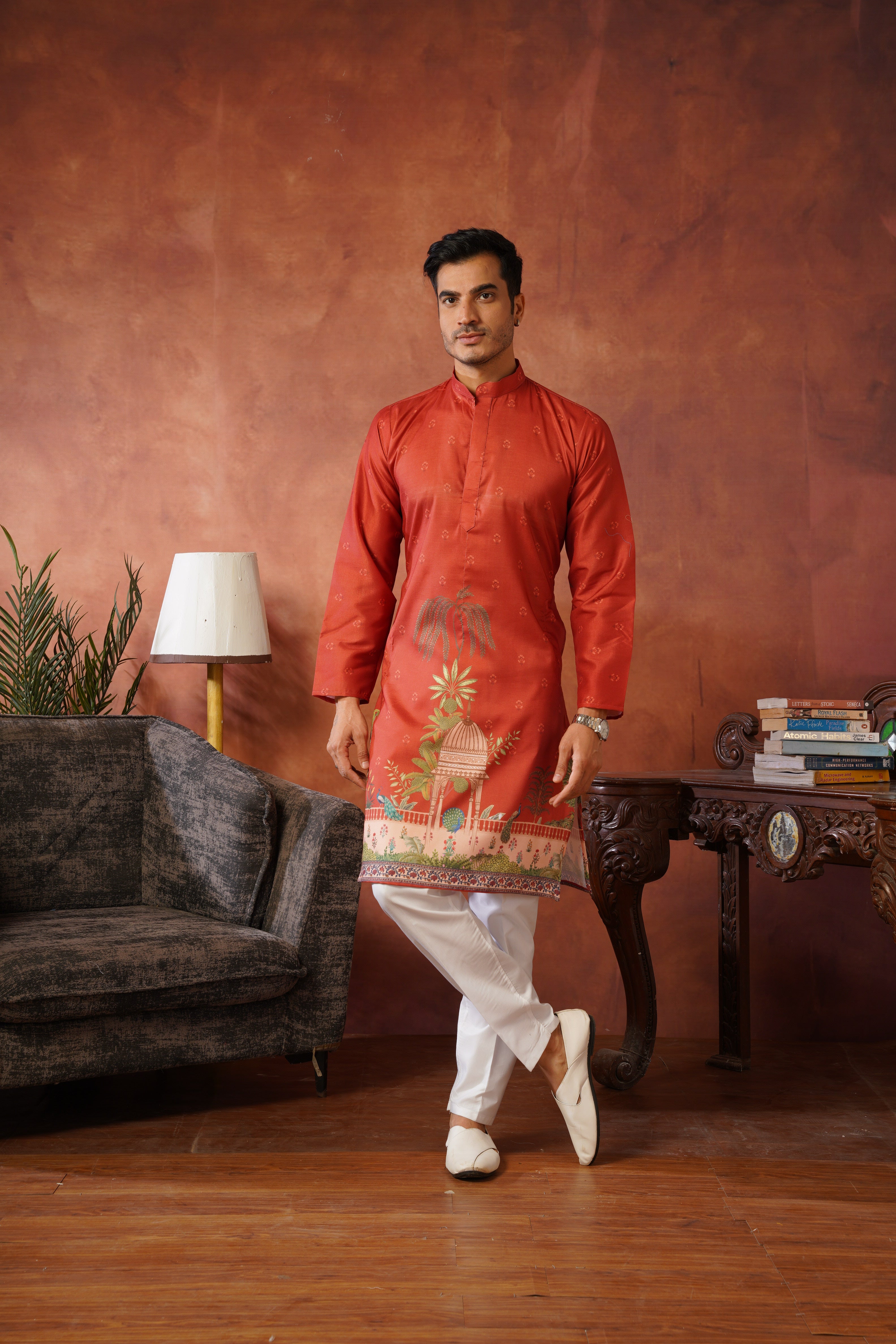 Rambagh Orange Printed Mens Kurta Set