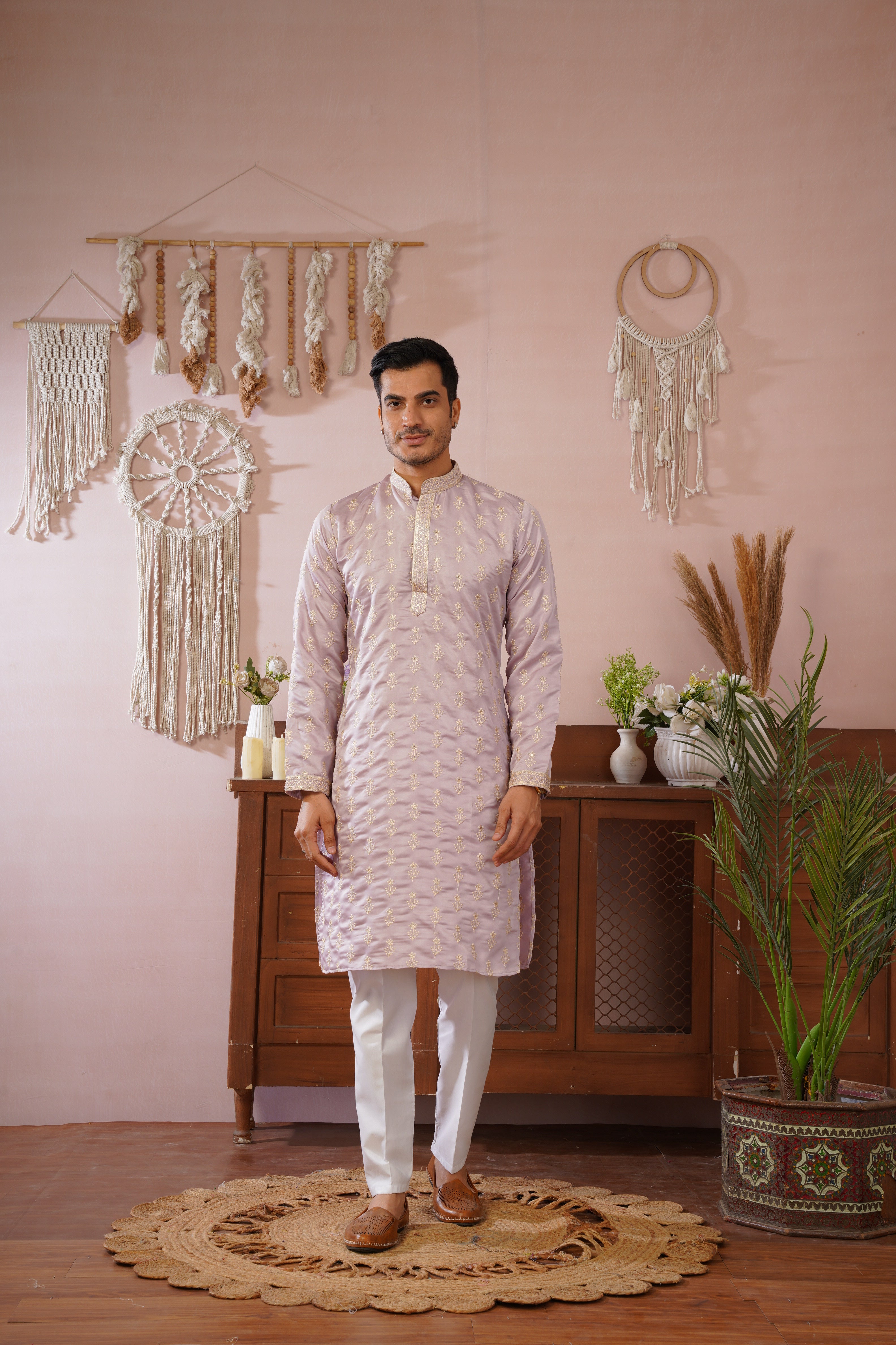 Lavendar Sequin-Embroidered Kurta set with gold detailing