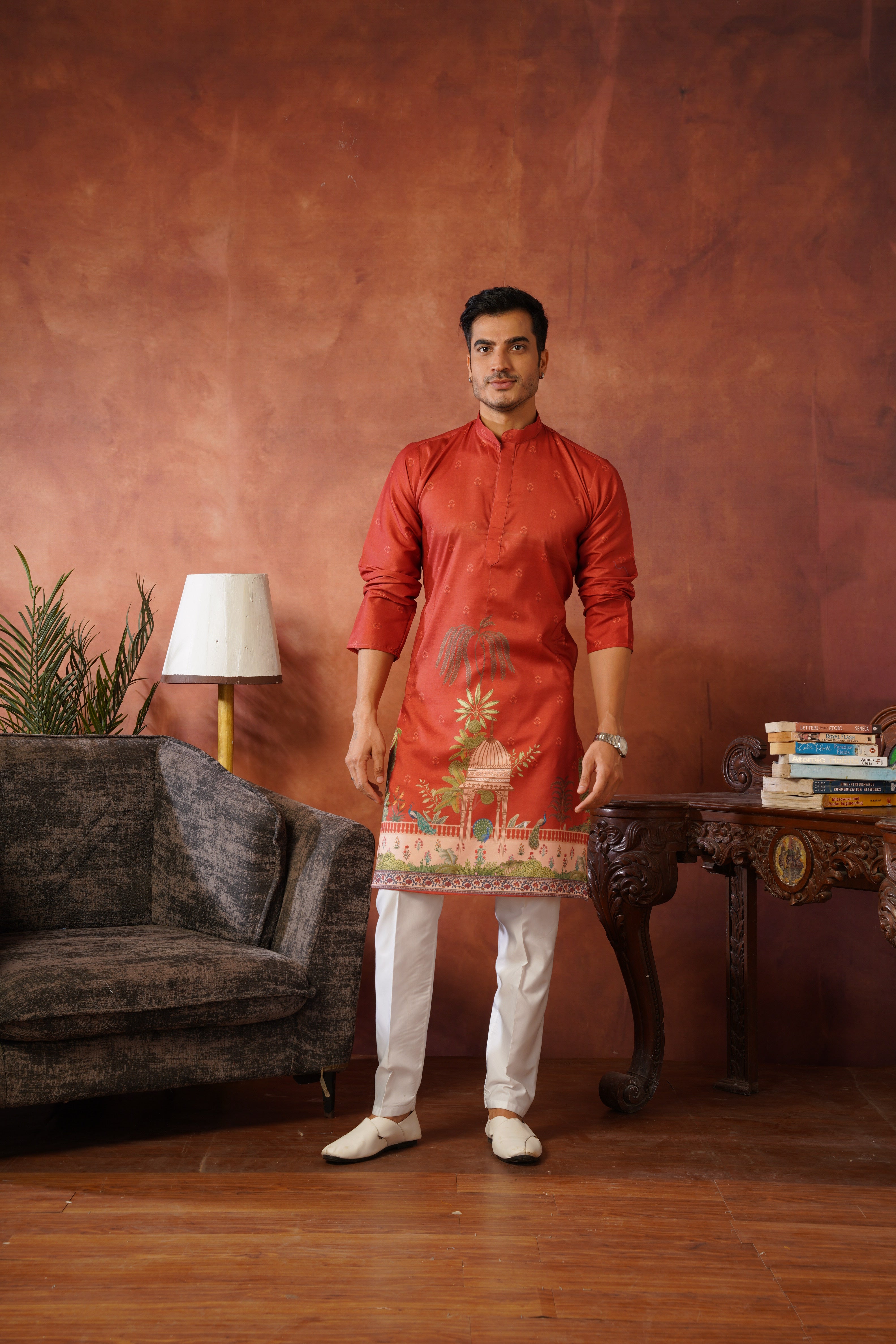 Rambagh Orange Printed Mens Kurta Set