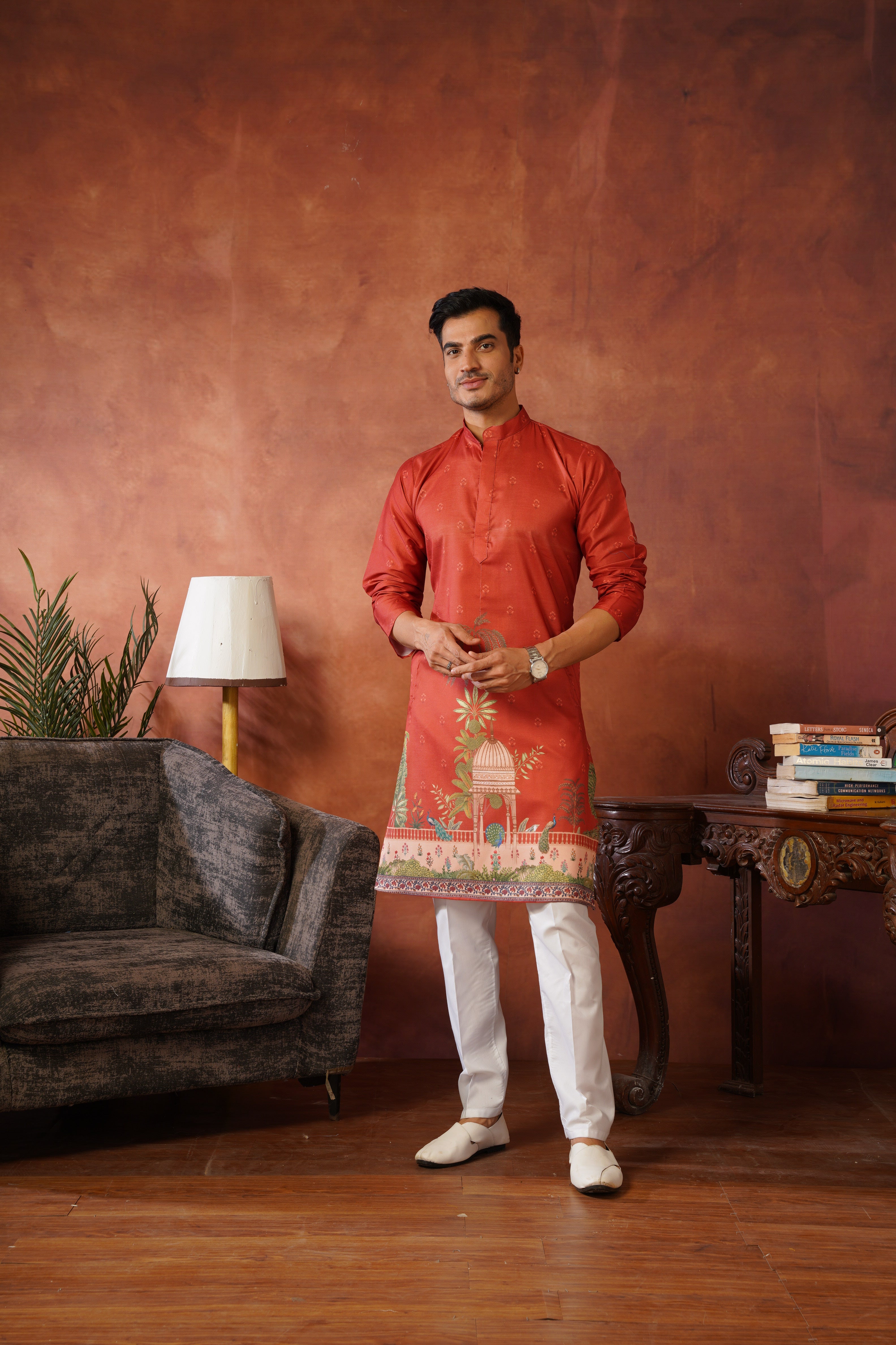 Rambagh Orange Printed Mens Kurta Set